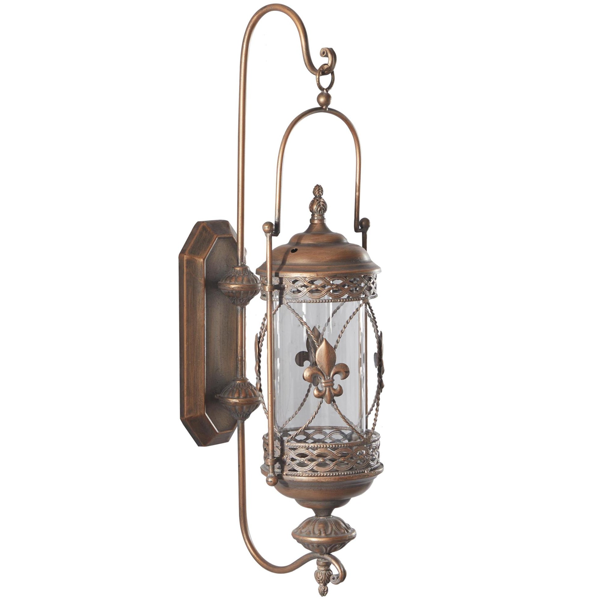 Fleur De Lis Metal Suspended Studded Single Candle Indoor Outdoor Wall Sconce with Scroll Details