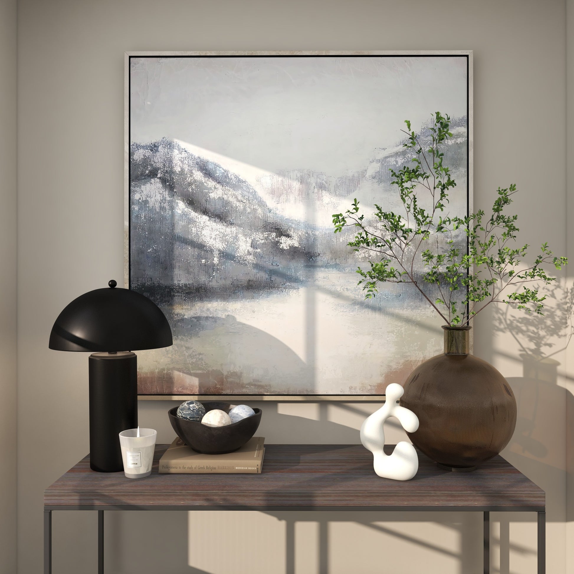 Landscape Blue Canvas Lake and Mountain Living Room Framed Wall Art with Silver Foil Accents