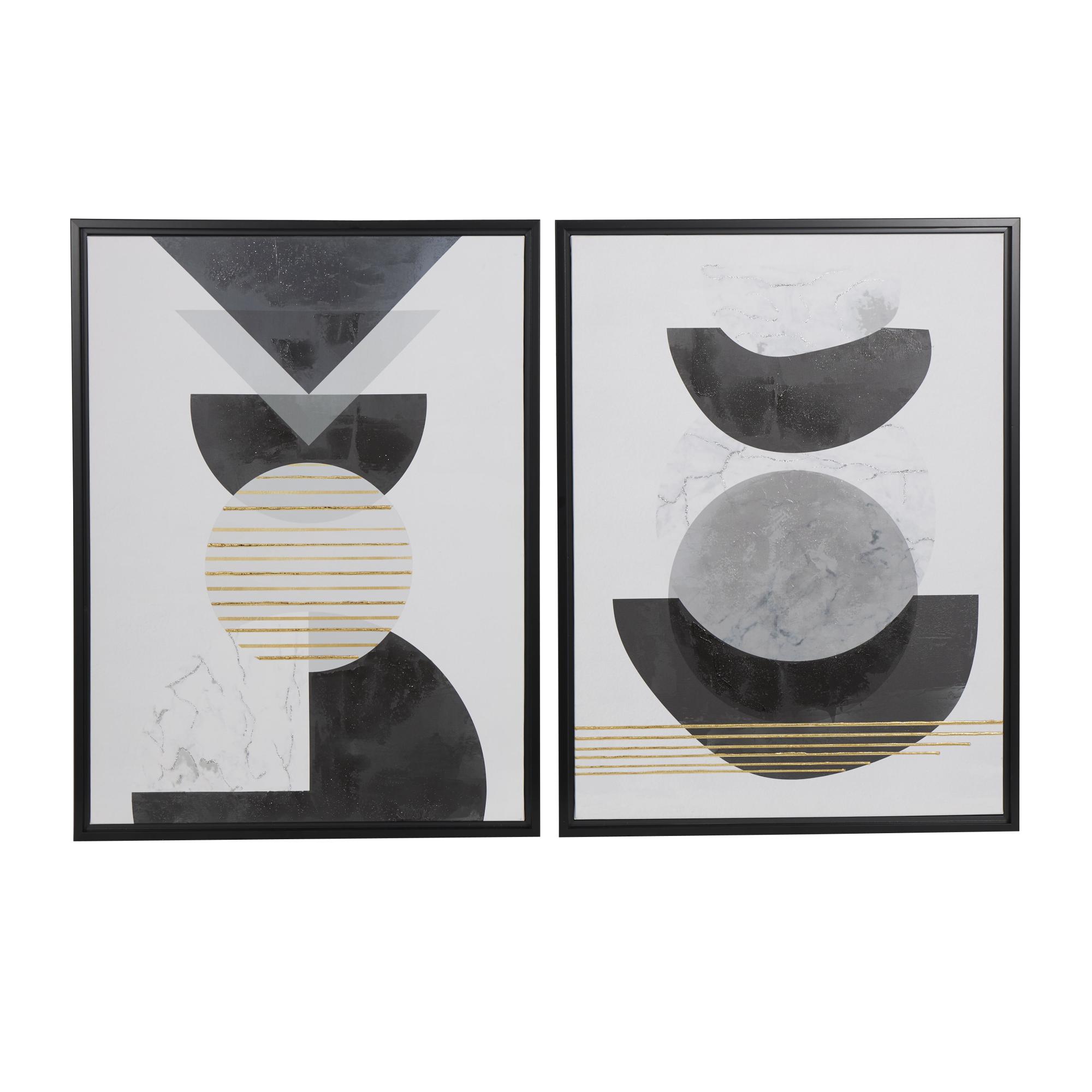 Set of 2 Geometric White Canvas Mid Century Modern Geometric Living Room Framed Wall Art with Gold Foil Accent