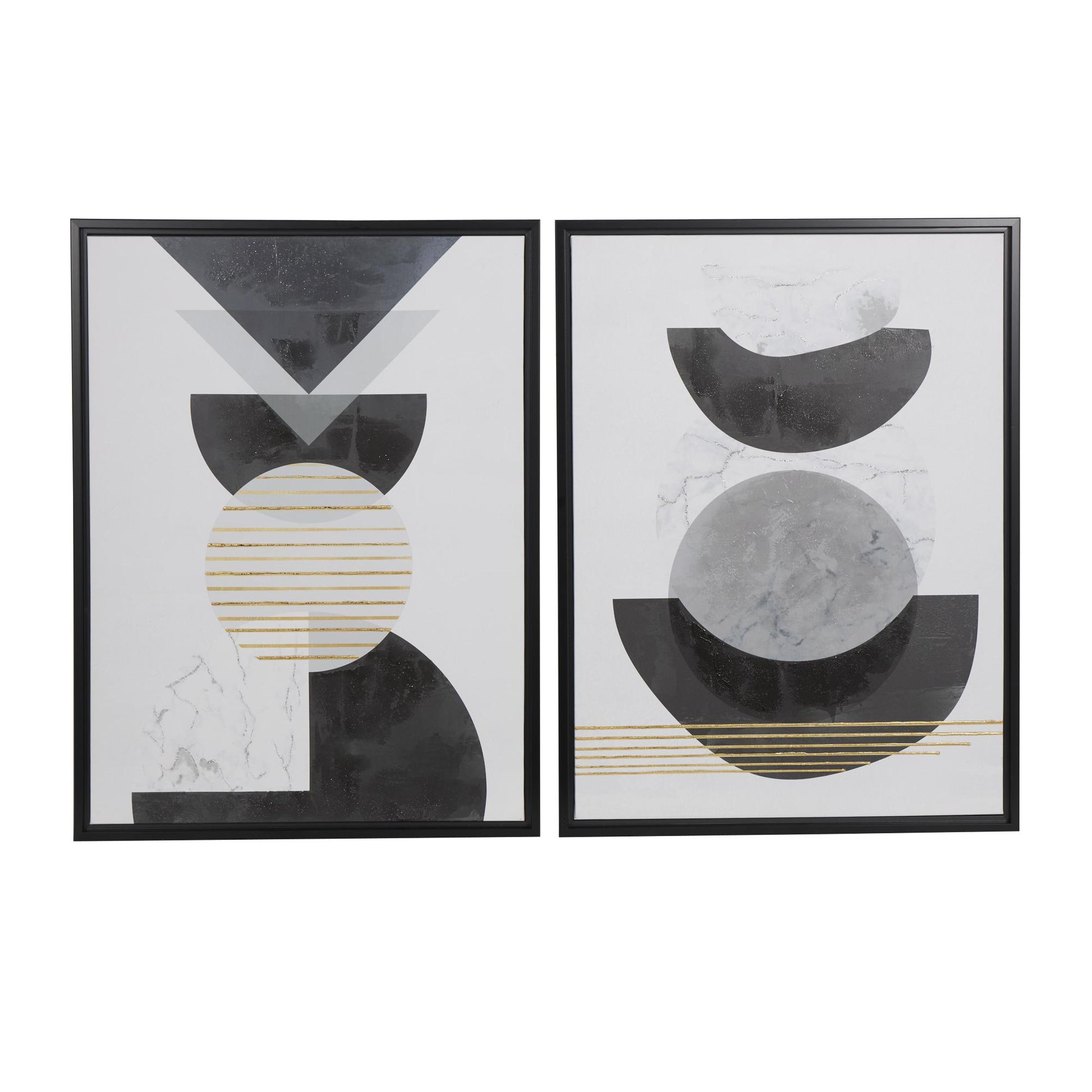 Set of 2 Geometric White Canvas Mid Century Modern Geometric Living Room Framed Wall Art with Gold Foil Accent
