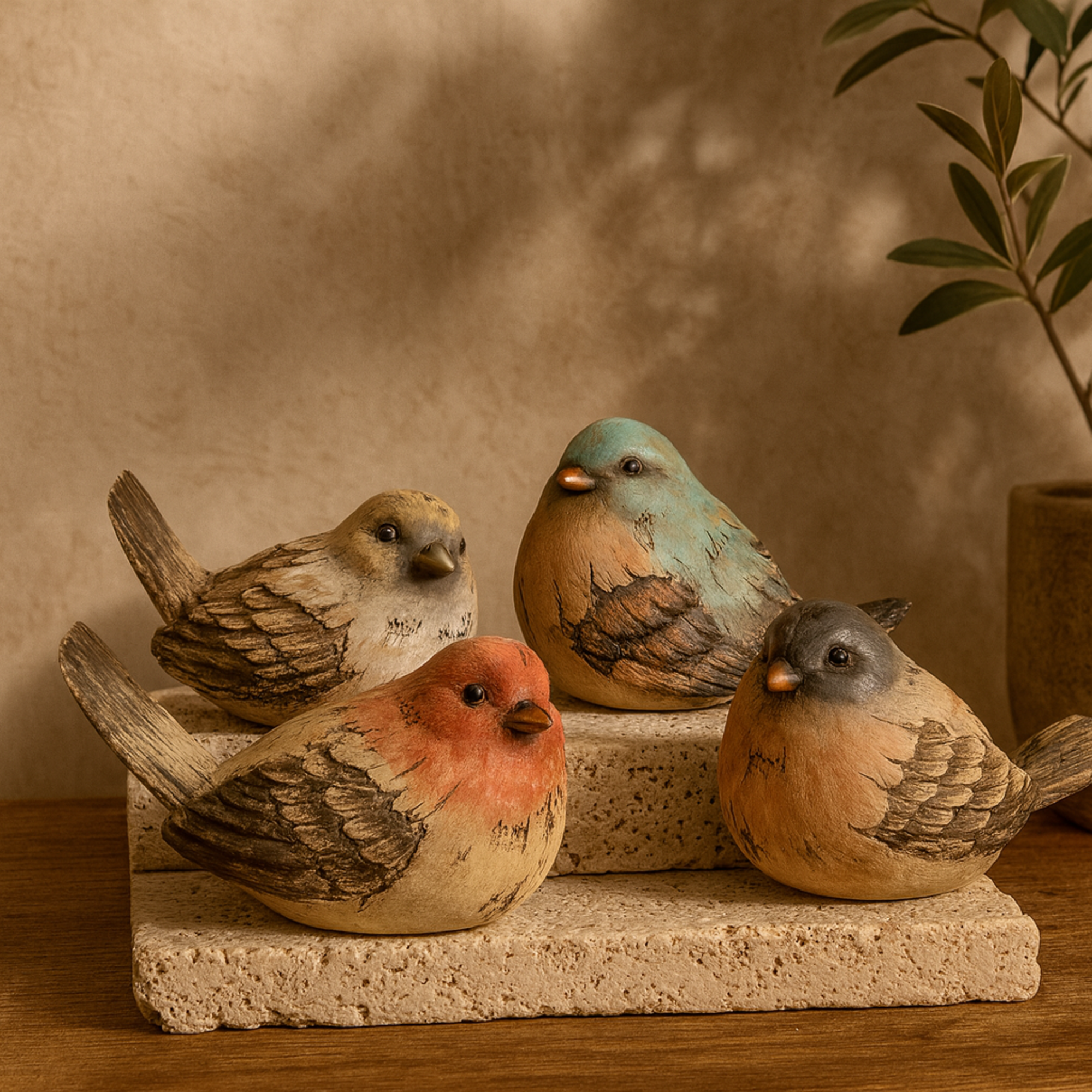 Set of 4 Bird Multi Colored Polystone Decorative Sculpture