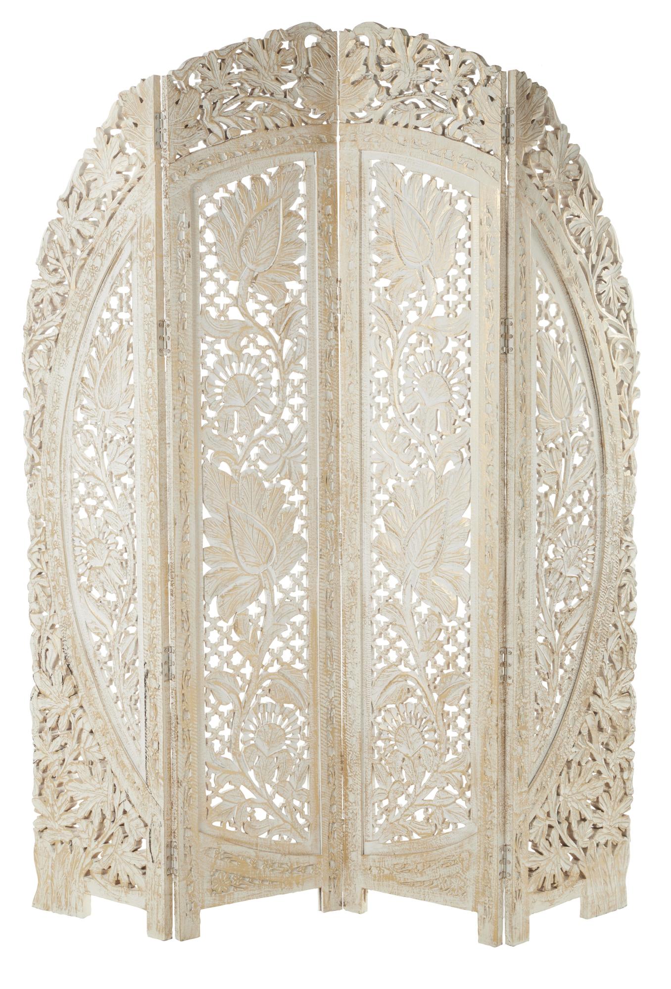 Floral White Wood Handmade Foldable Partition 4 Panel Partition Room Divider Screen with Carved Designs