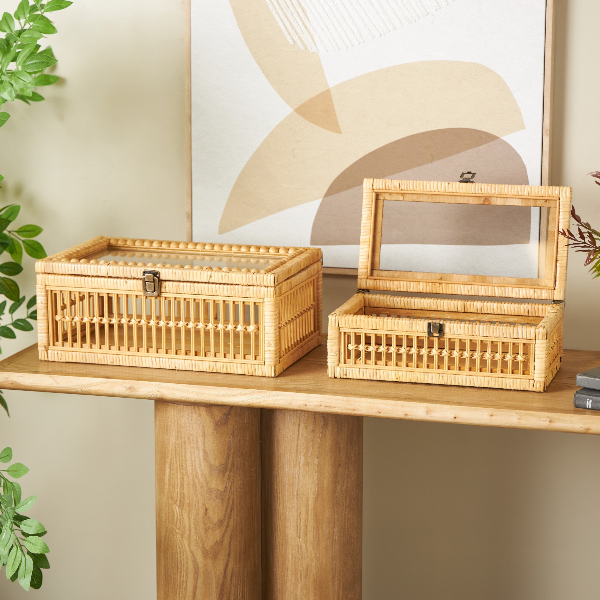 Set of 2 Brown Rattan Handmade Woven Storage Decorative Box with Glass Top and Bronze Latches