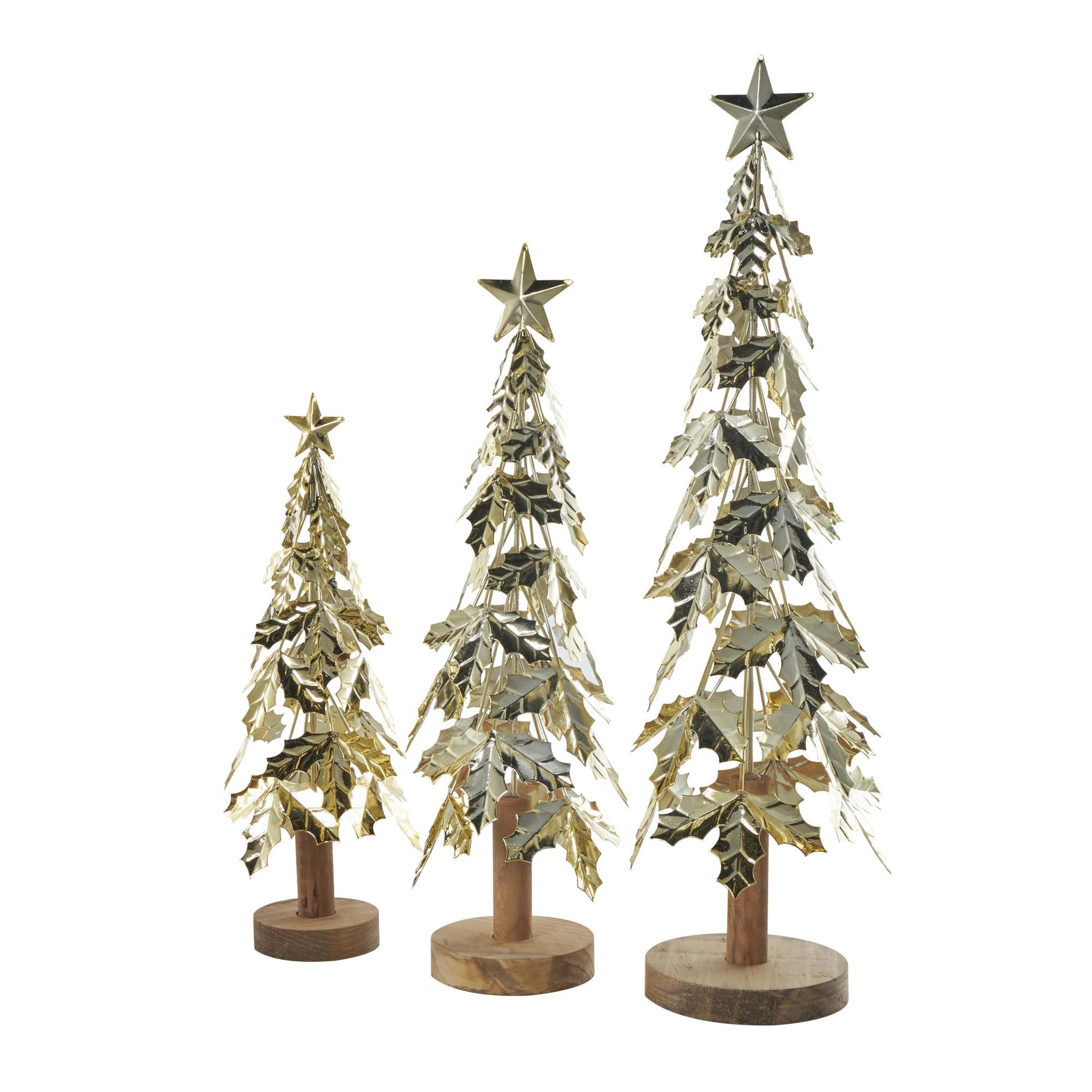 Set of 3 Tree Gold Metal Holiday Layered Decorative Christmas Sculpture with Wooden Base and Star Topper