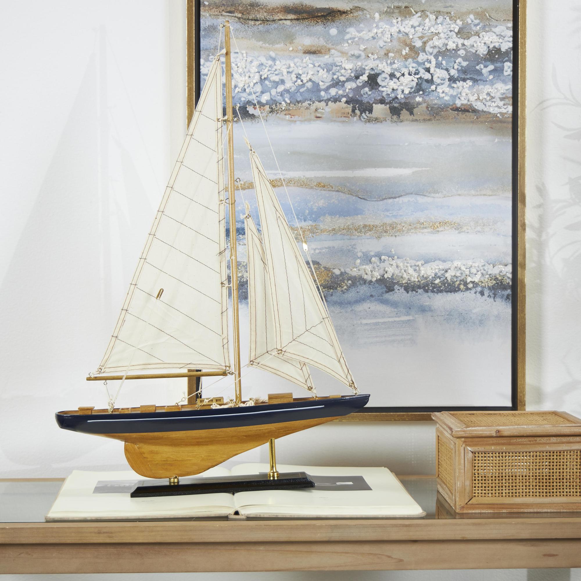 Sail Boat Brown Wood Decorative Sculpture with Beige and Navy Accents and Lifelike Rigging