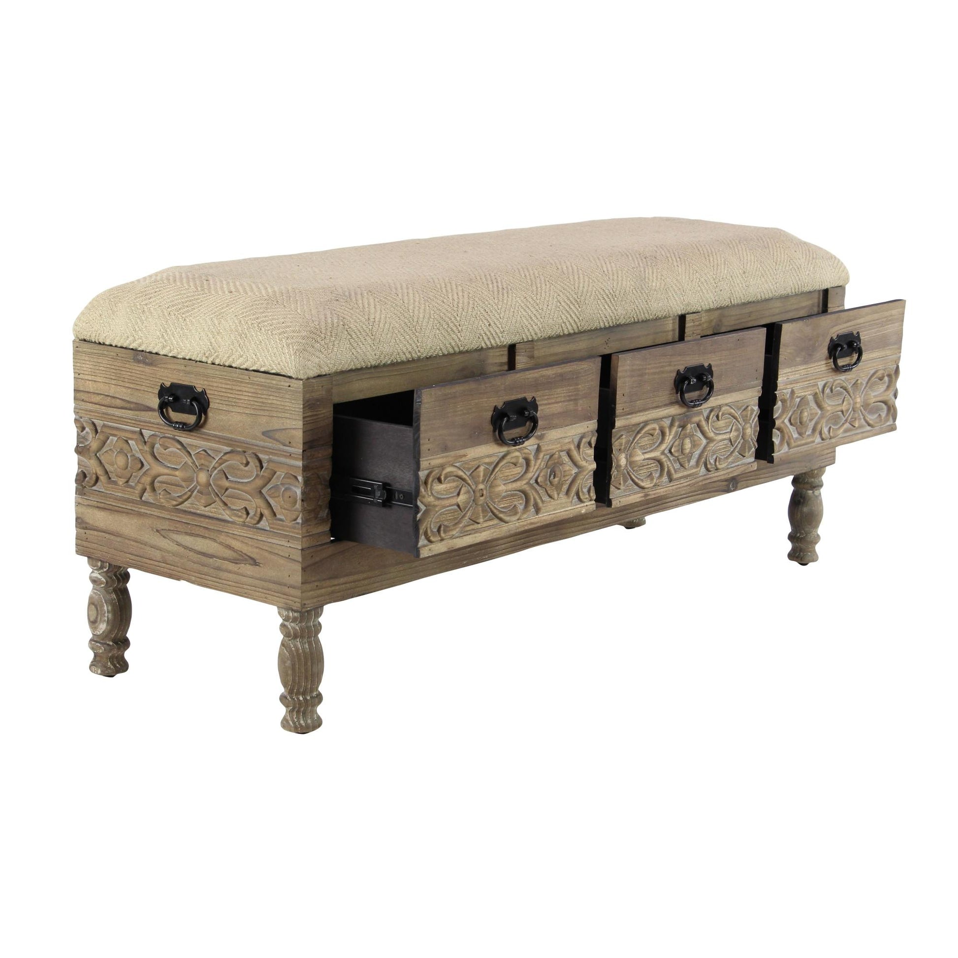Floral Brown Wood Intricately Carved Room Storage Bench with Cream Burlap Top