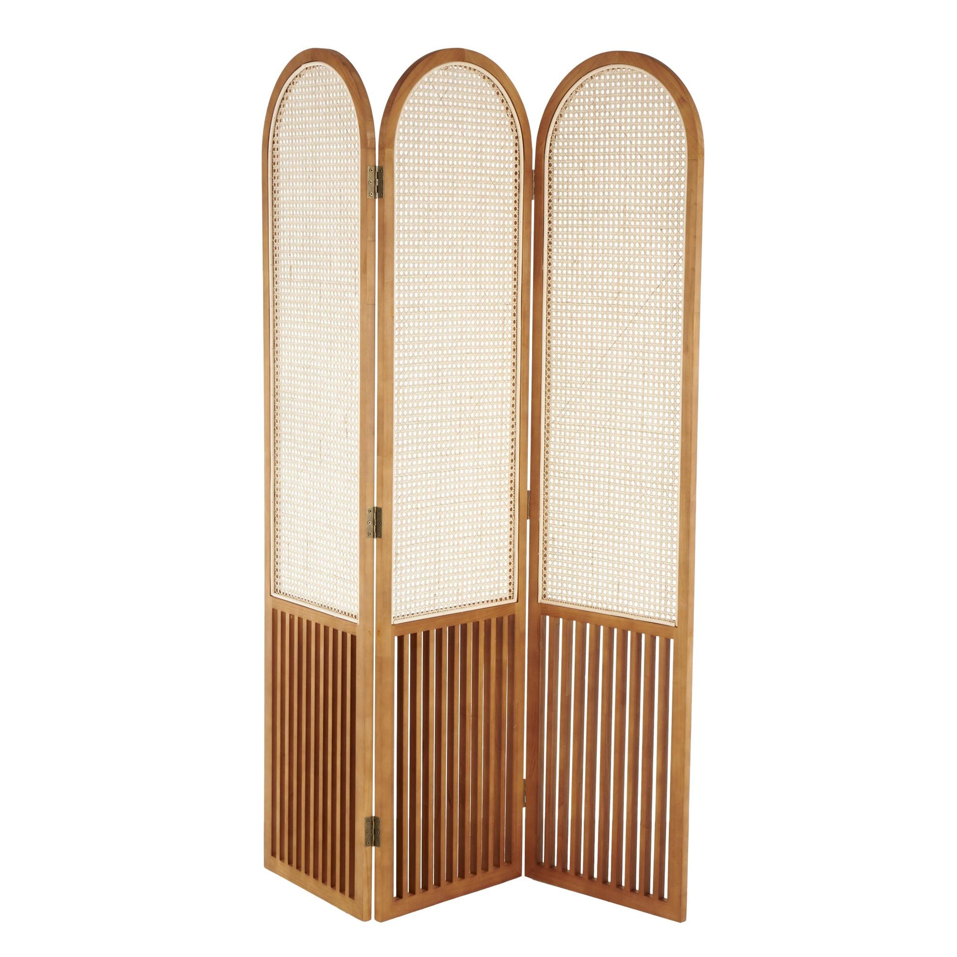 Wood Arched 3 Panel Partition Room Divider Screen with Slatted Wood Base and Tan Rattan Panels