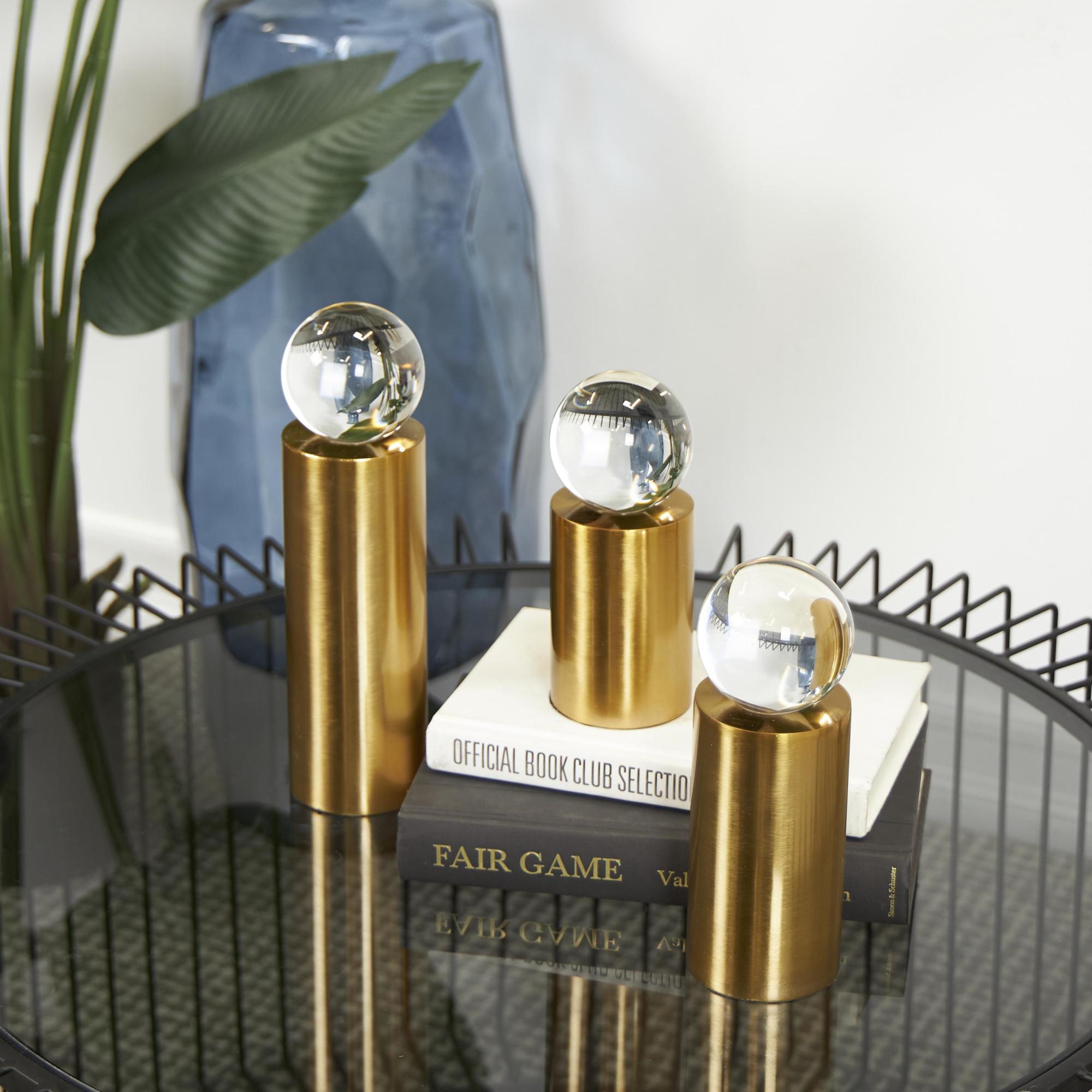 Set of 3 Geometric Gold Metal Cylinder Post Decorative Sculpture with Clear Glass Orbs