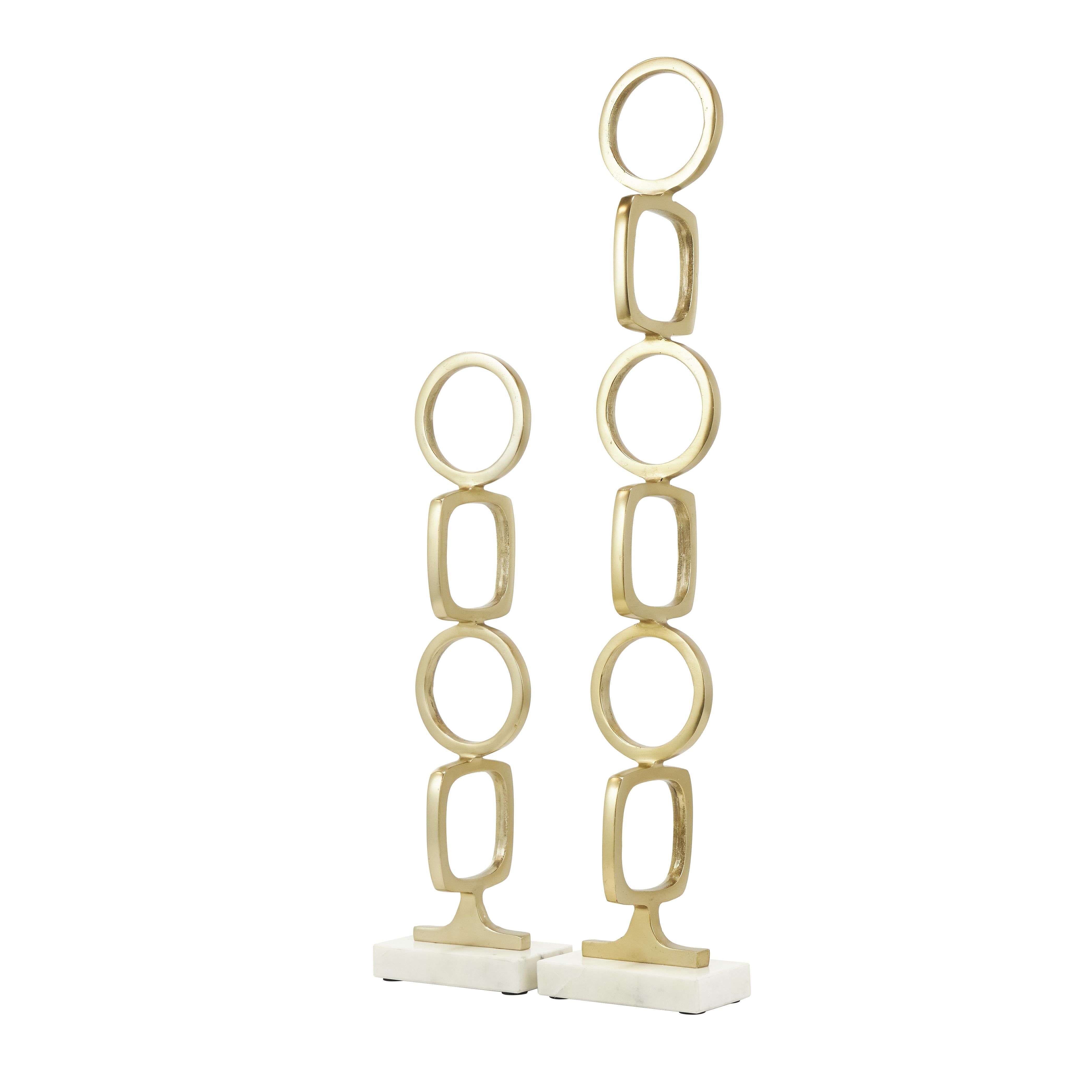 Set of 2 Abstract Aluminum Metal Stacked Geometric Rings Decorative Sculpture with Marble Bases