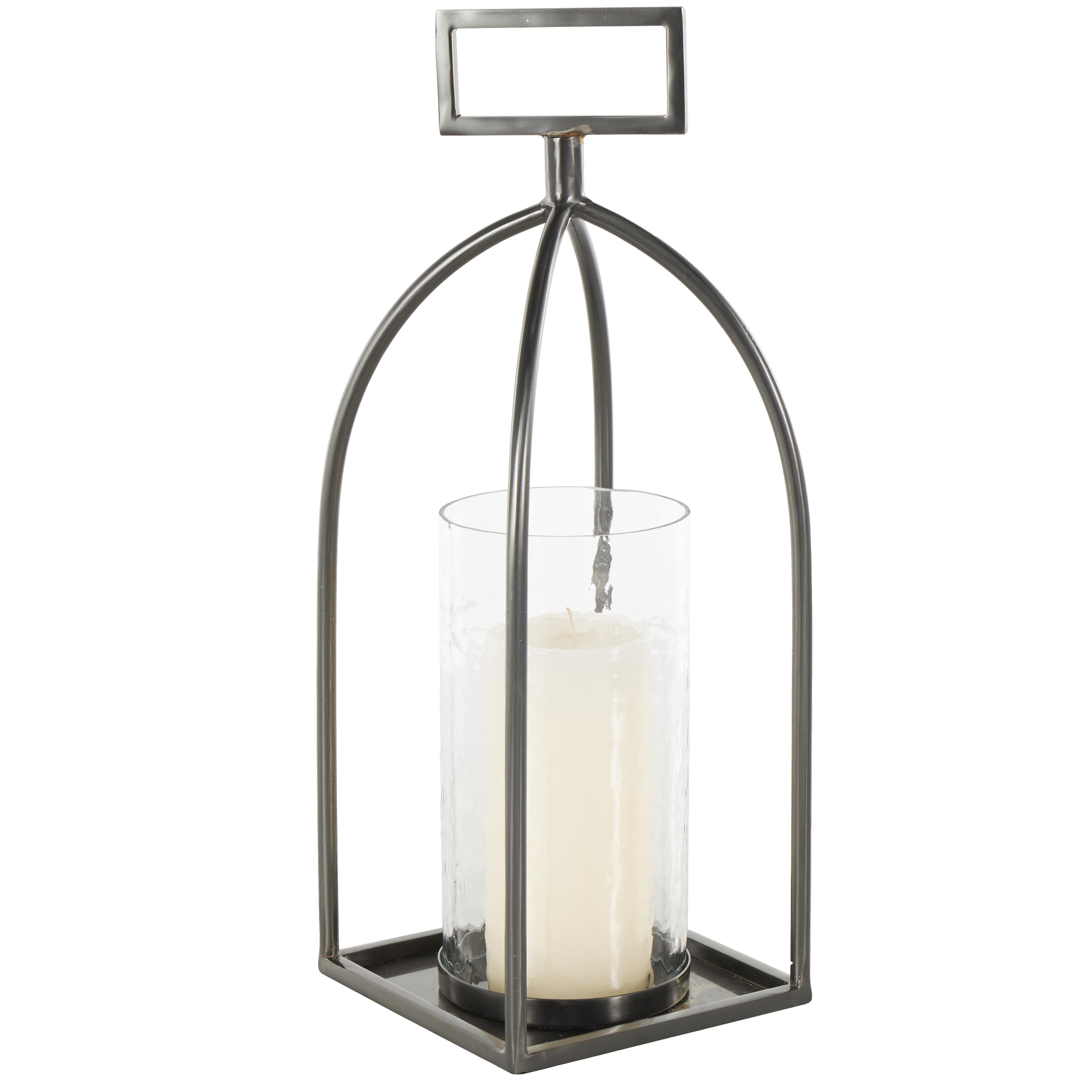 Silver Metal Open Frame Indoor Outdoor Candle Lantern with Rectangle Handles