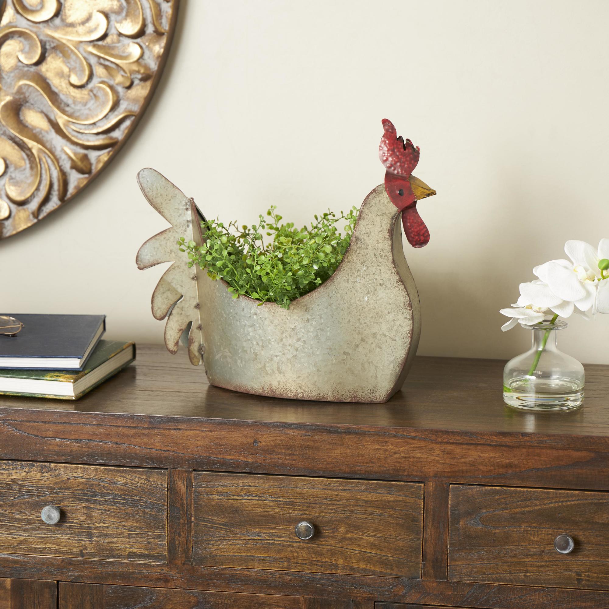 Rooster Gray Metal Indoor Outdoor Planter