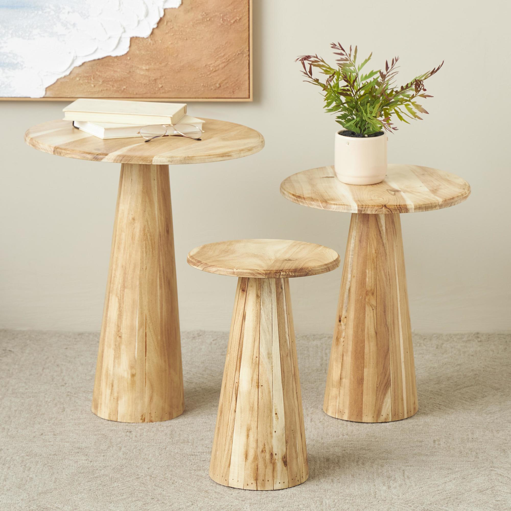 Set of 3 Wood Side End Accent Table with Natural Wood Grains and Cone Shaped Bases