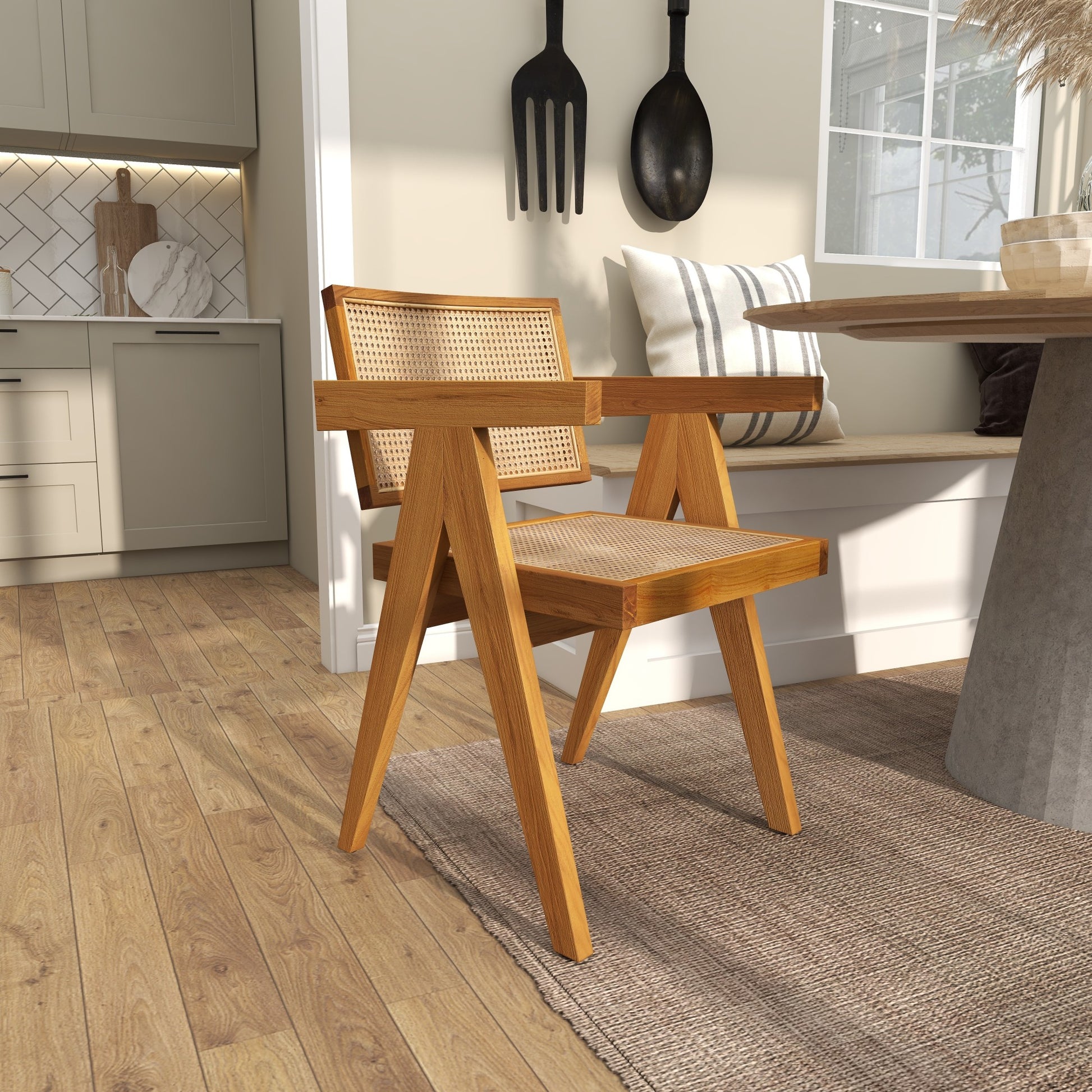 Teak Wood Handmade Living Room Accent Chair with Woven Cane Seat