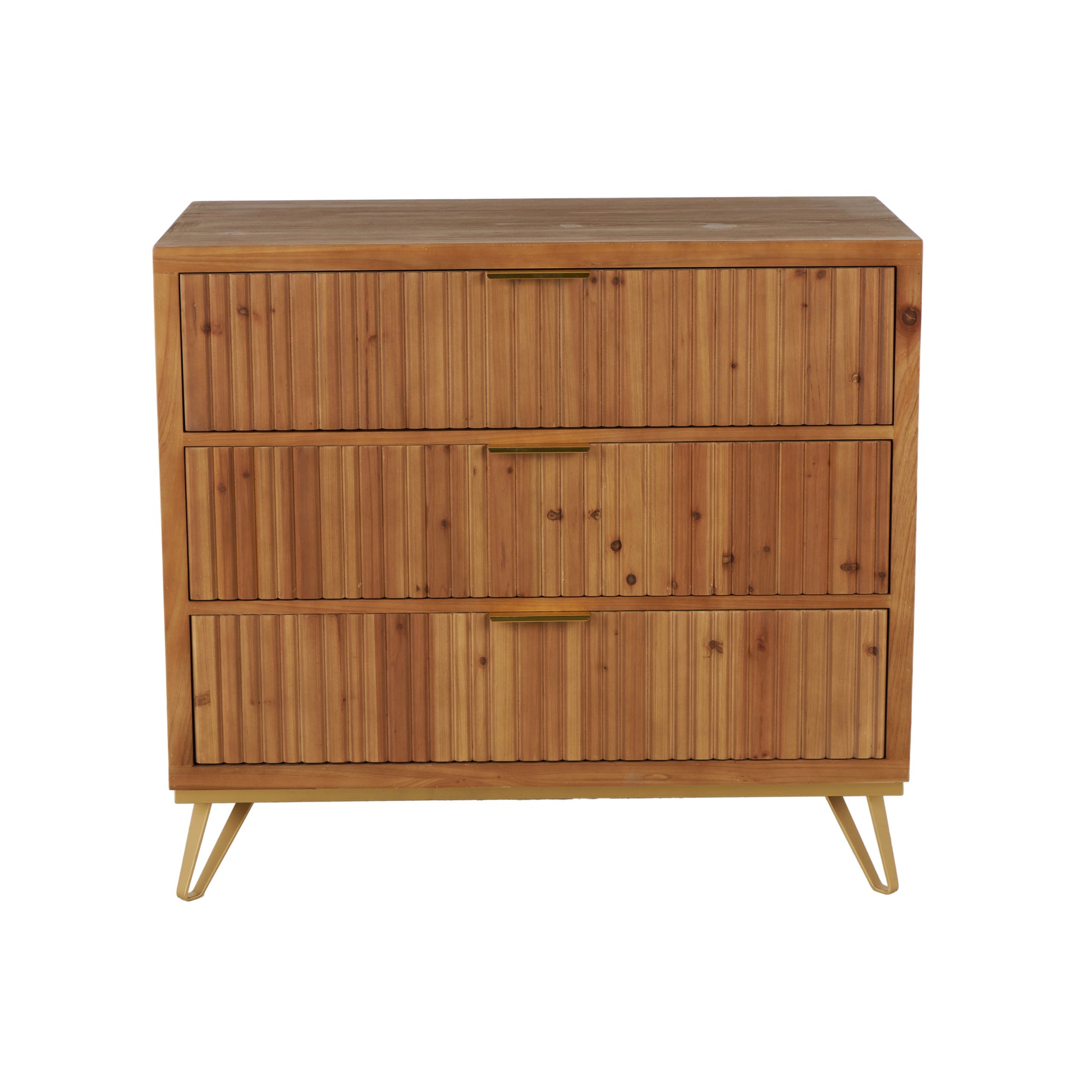 Brown Wooden Ribbed 3 Drawer Room Chest with Gold Handles and Legs