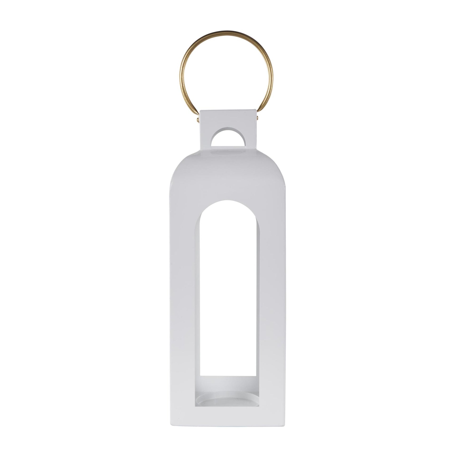 White Metal Tall Arched Cutout Indoor Outdoor Candle Lantern with Gold Handle