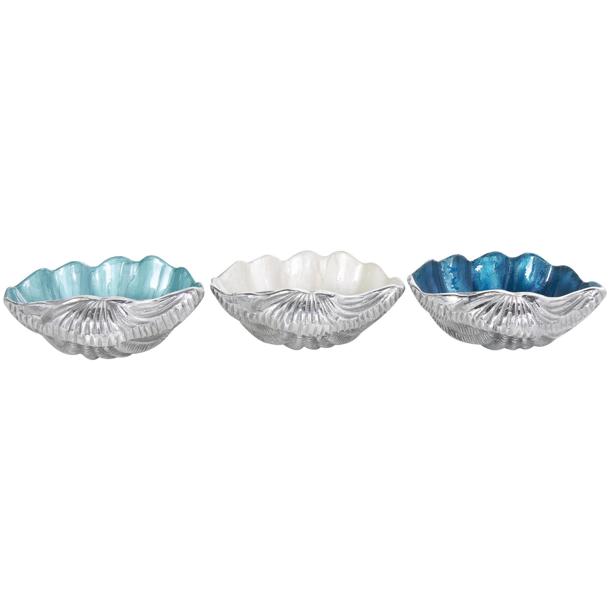 Set of 3 Shell Multi Colored Aluminum Metal Enameled Large Decorative Bowl with Silver Bases