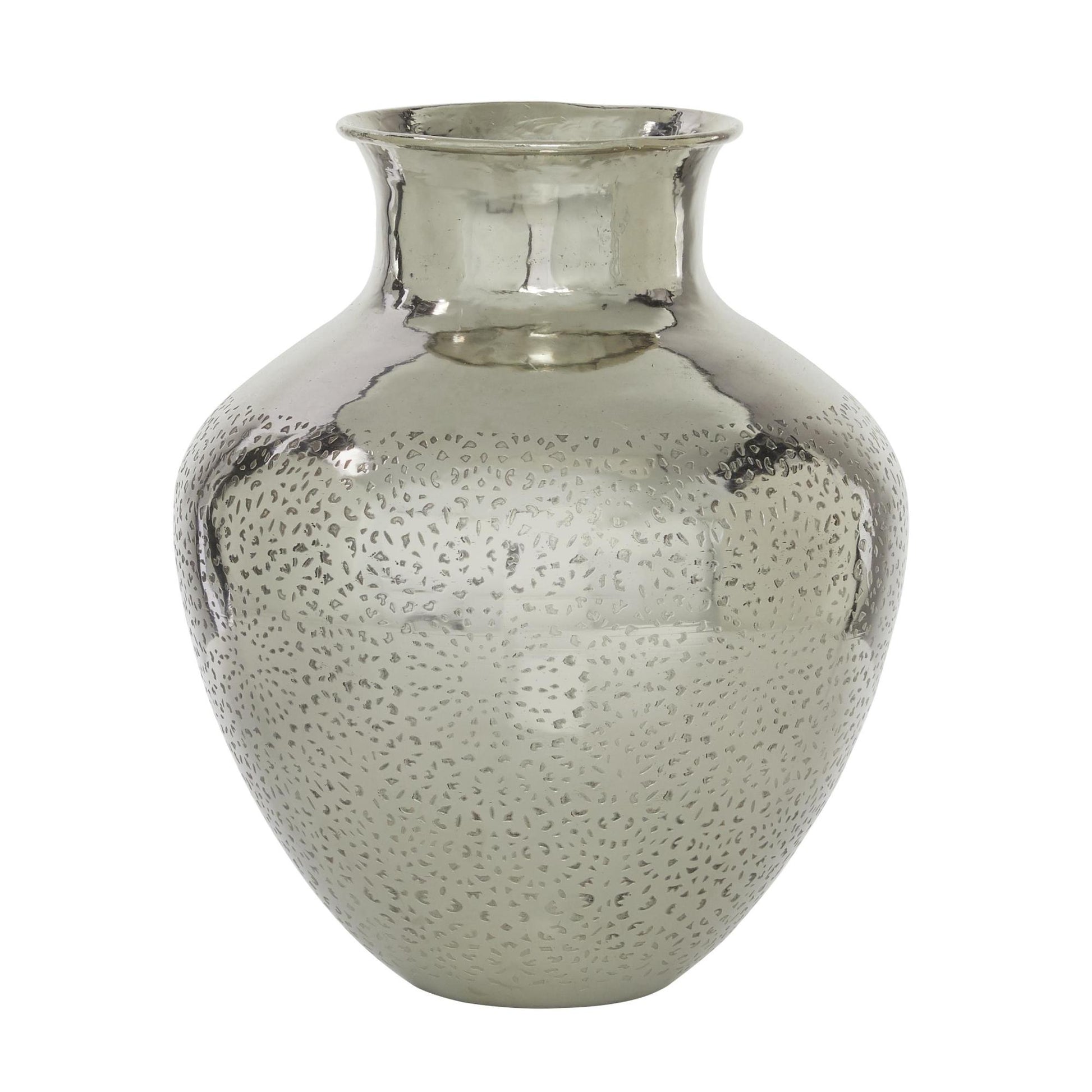 Silver Aluminum Metal Round Engraved Decorative Vase