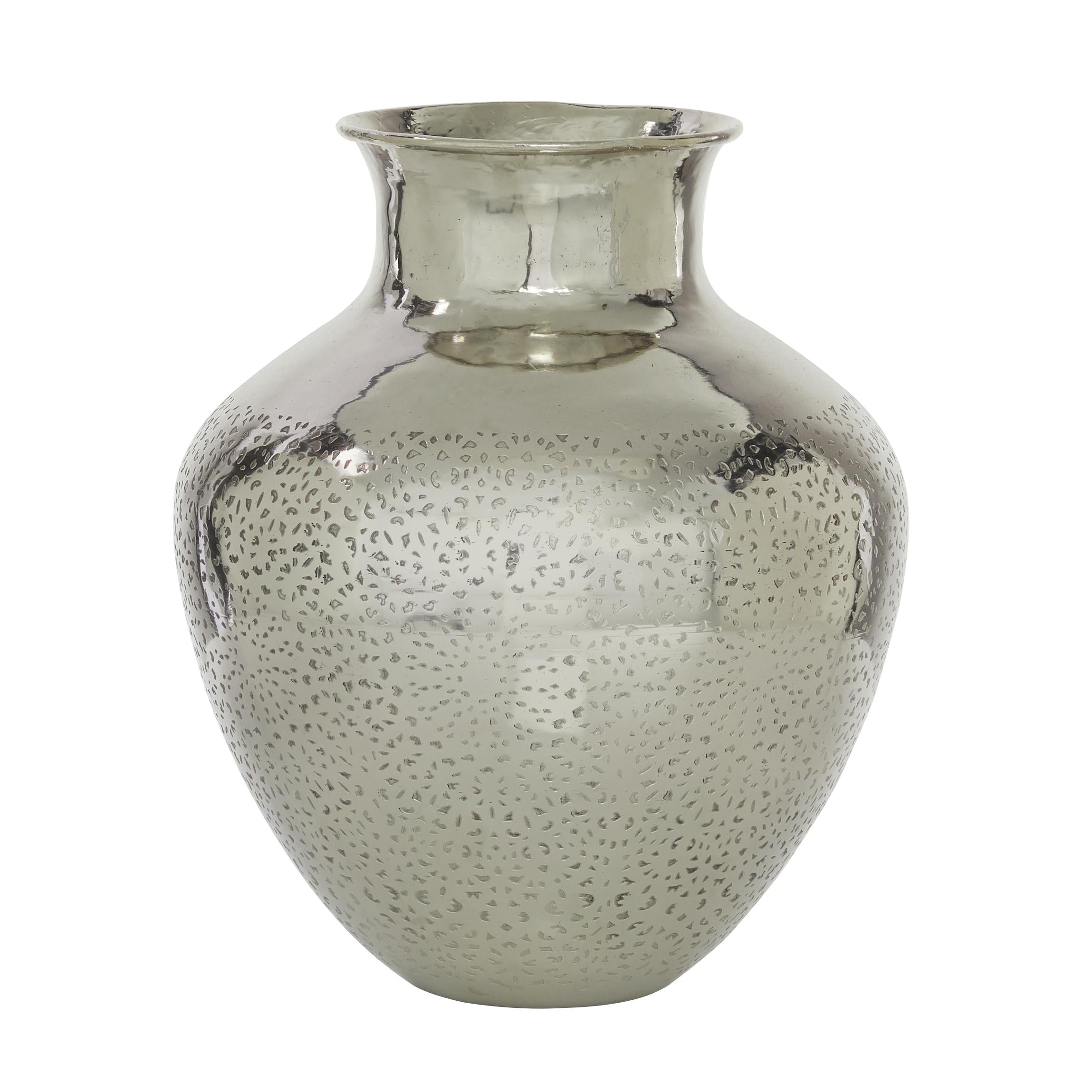 Silver Aluminum Metal Round Engraved Decorative Vase