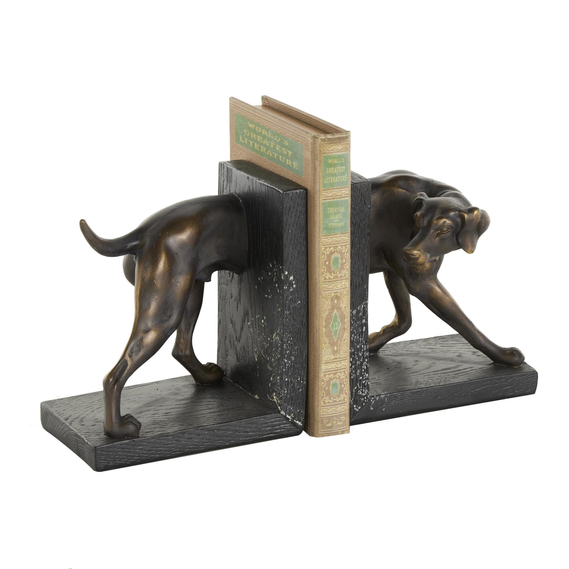 Set of 2 Dog Black Polystone Greyhound Decorative Bookends with Gold Accents and Black Stands
