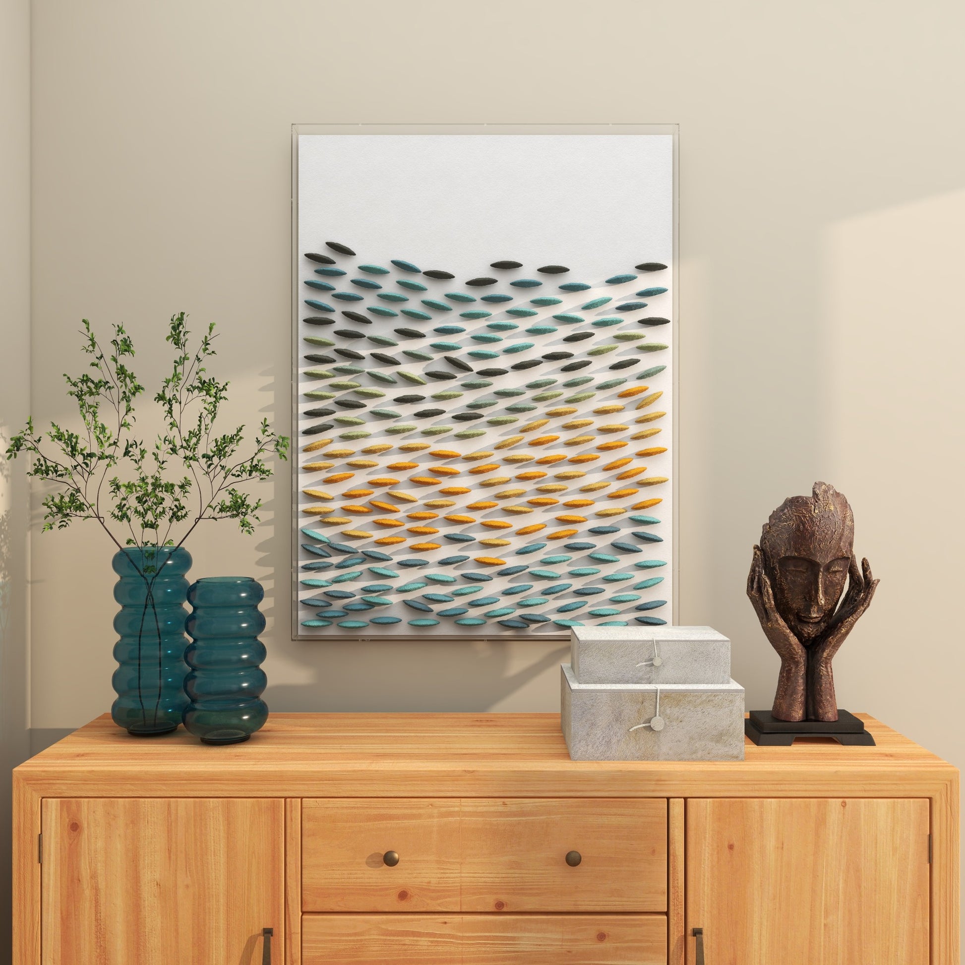 Geometric Blue Acrylic Plastic 3D Waves Home Shadow Box with Clear Frame