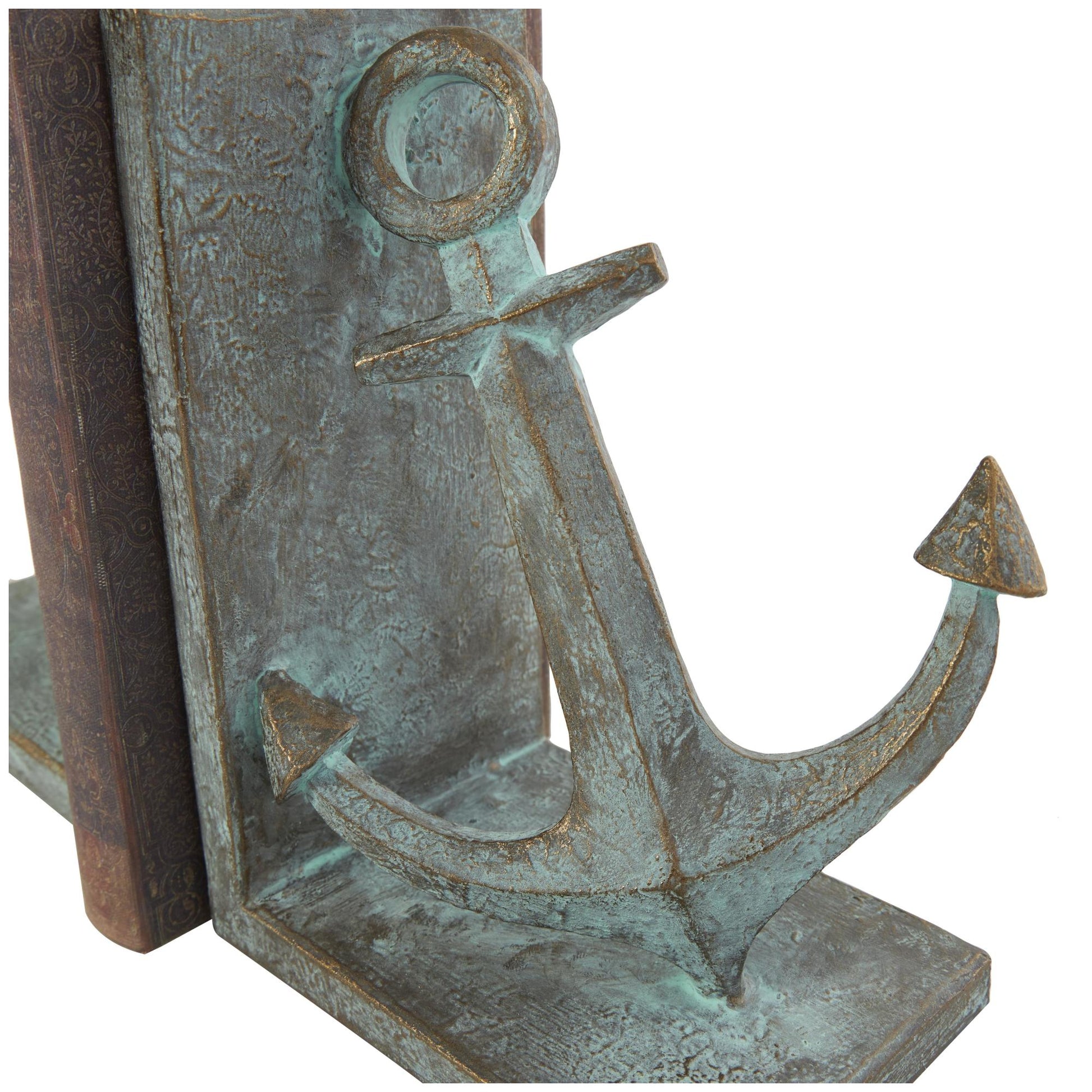 Set of 2 Anchor Blue Polyresin Distressed Patina Decorative Bookends with Gold Foil Accents