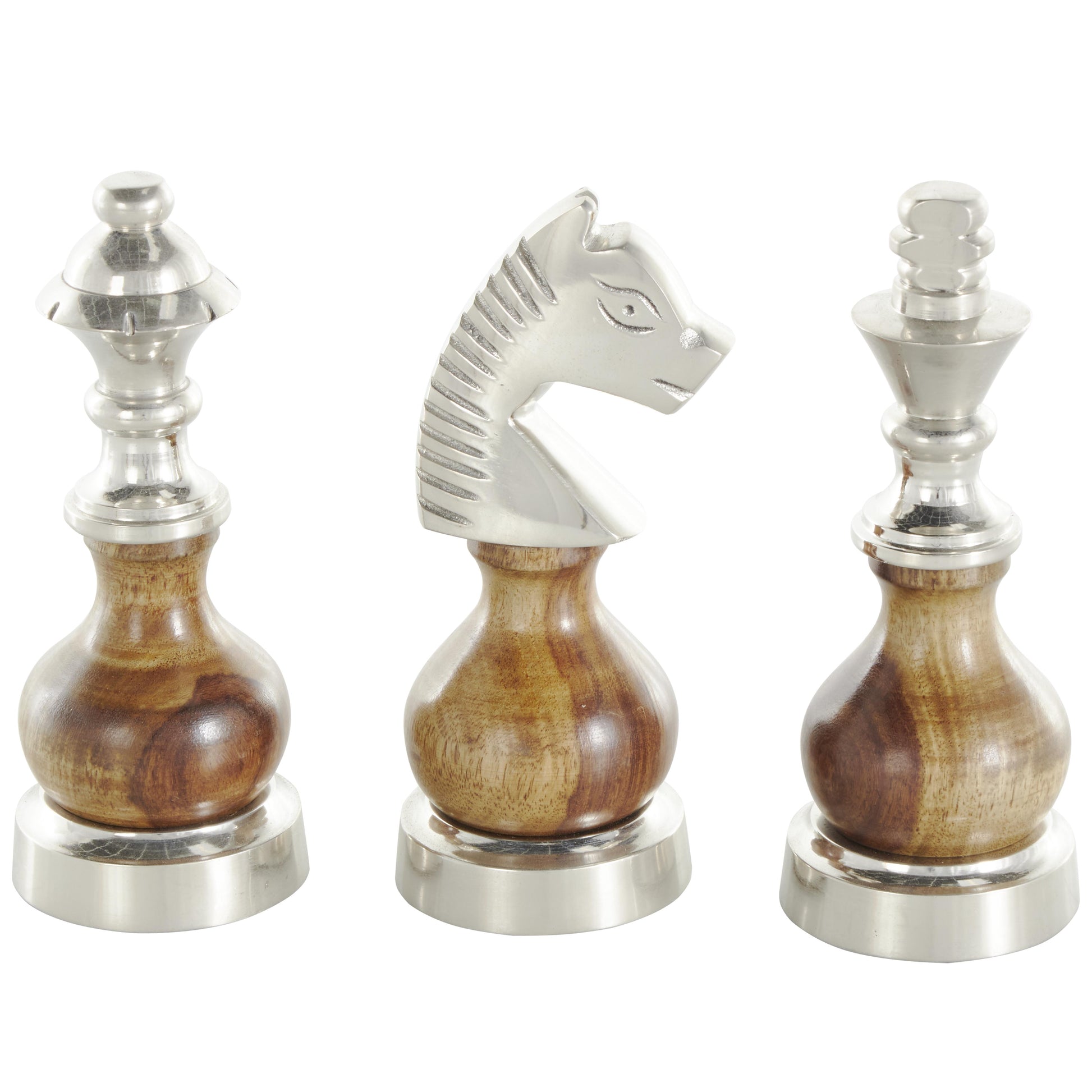 Set of 3 Chess Aluminum Metal Decorative Sculpture with Mango Wood Center Set of 3 2"W, 6"H