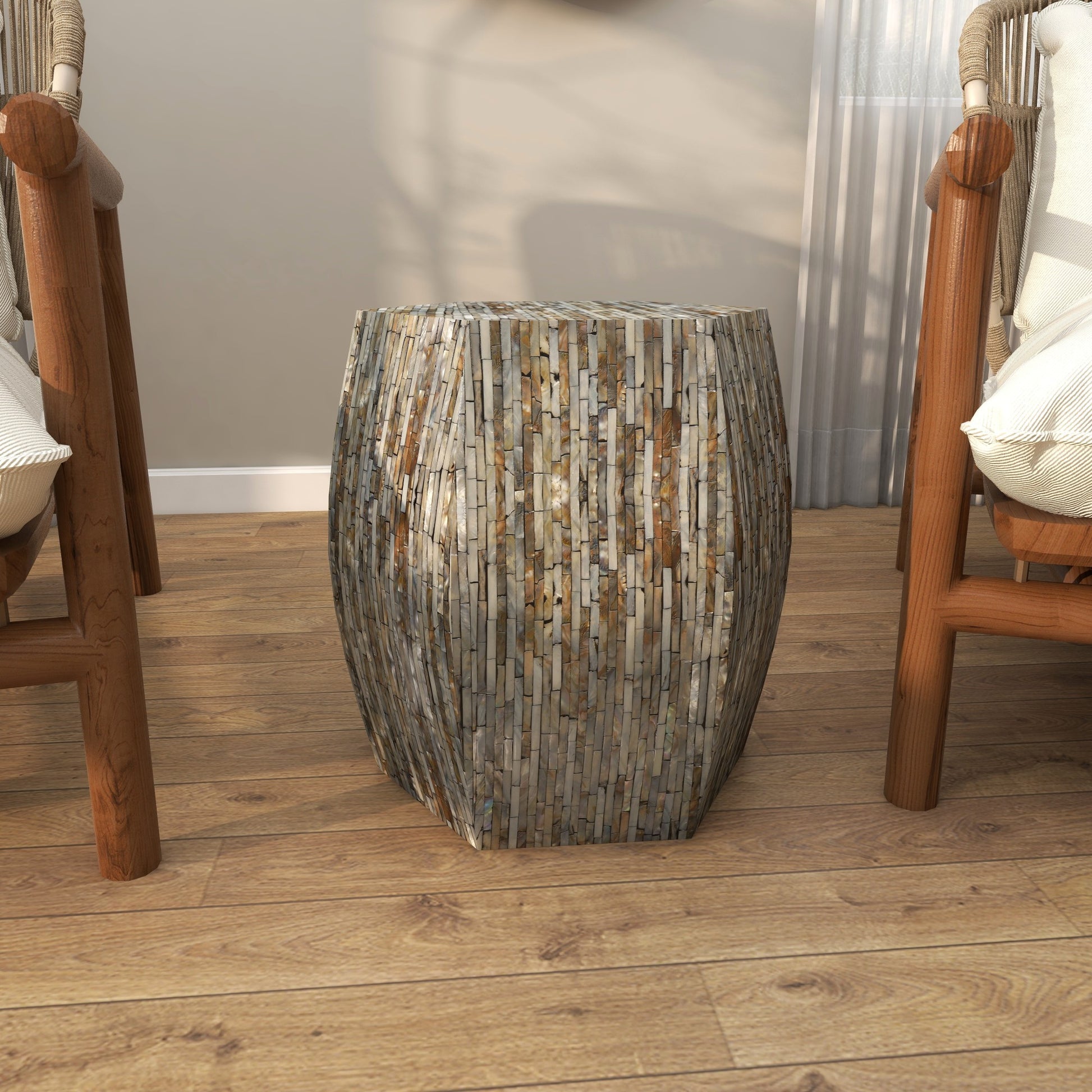 Geometric Gray Mother of Pearl Shell Handmade Shell Mosaic Hexagon Side End Accent Table with Brown Accents