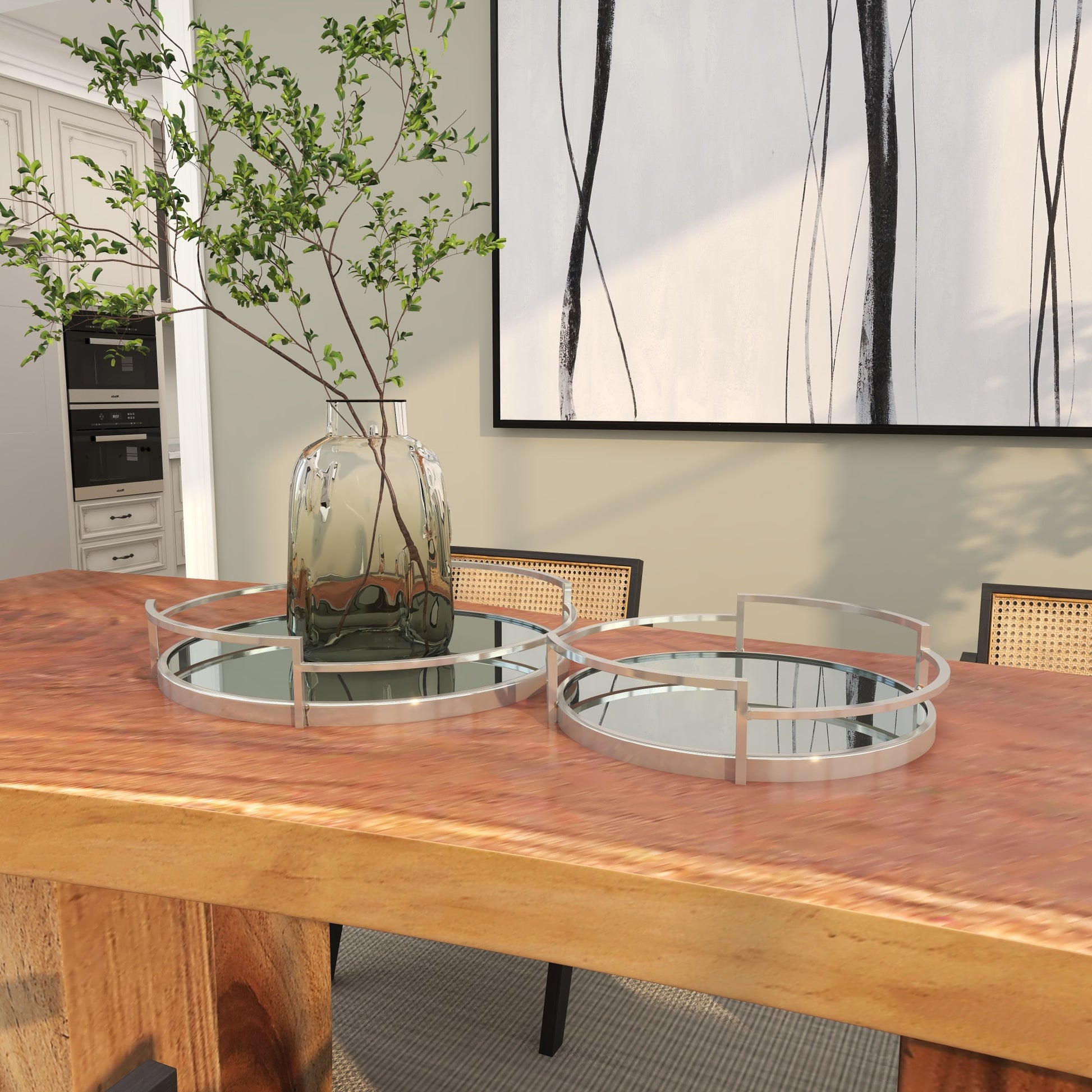 Set of 2 Stainless Steel Metal Round Mirrored Living Room Decor Tray with Elevated Rim and Handles