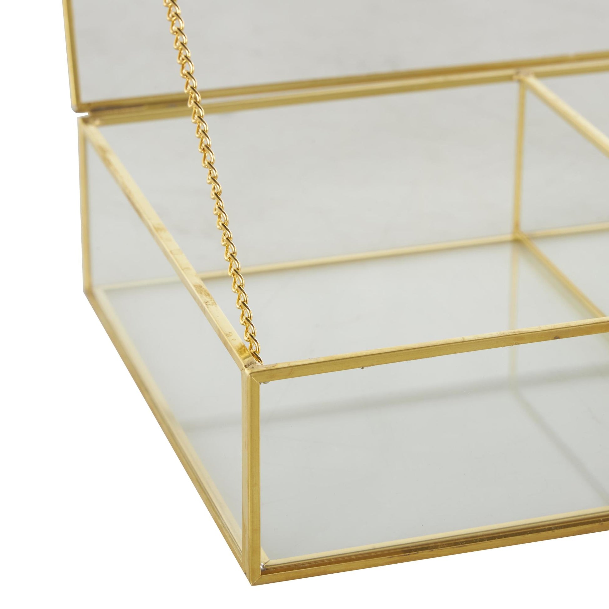 Clear Glass 3 Slot Decorative Jewelry Box with Gold Metal Frame and Chain Accent