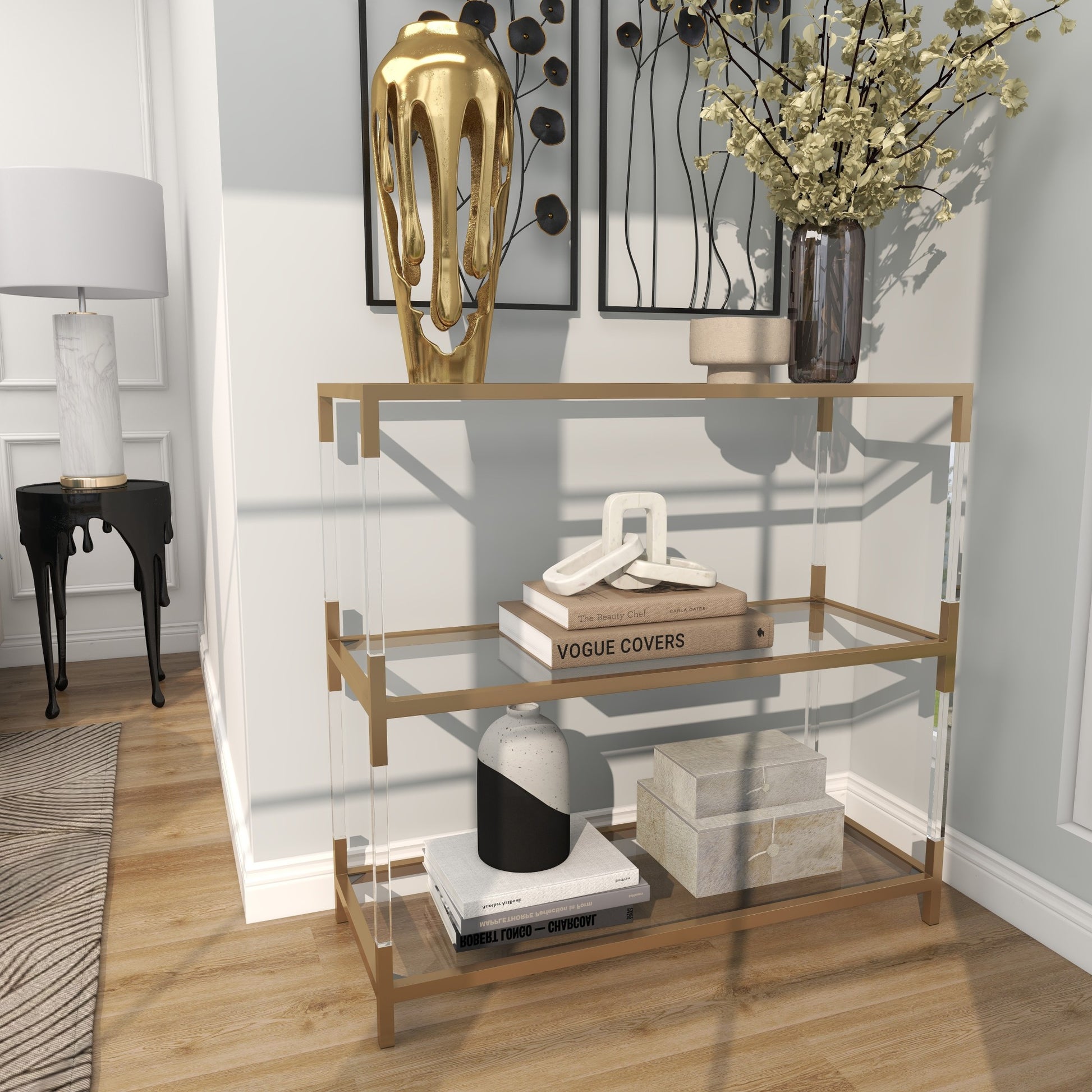 Gold Metal 2 Shelf Living Room Console Table with Clear Glass Top and Acrylic Legs