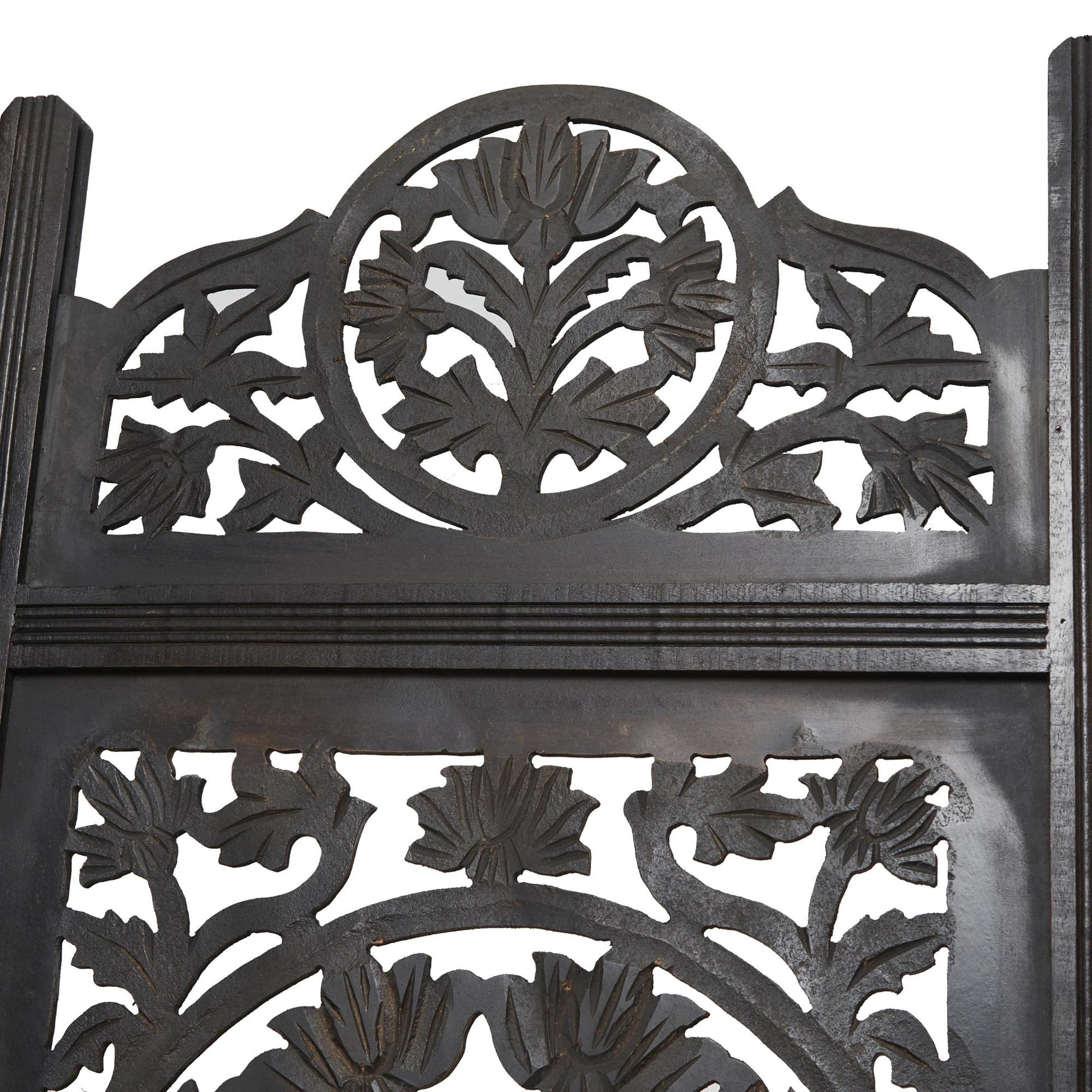 Floral Black Wood Handmade Foldable Partition Carved 4 Panel Partition Room Divider Screen