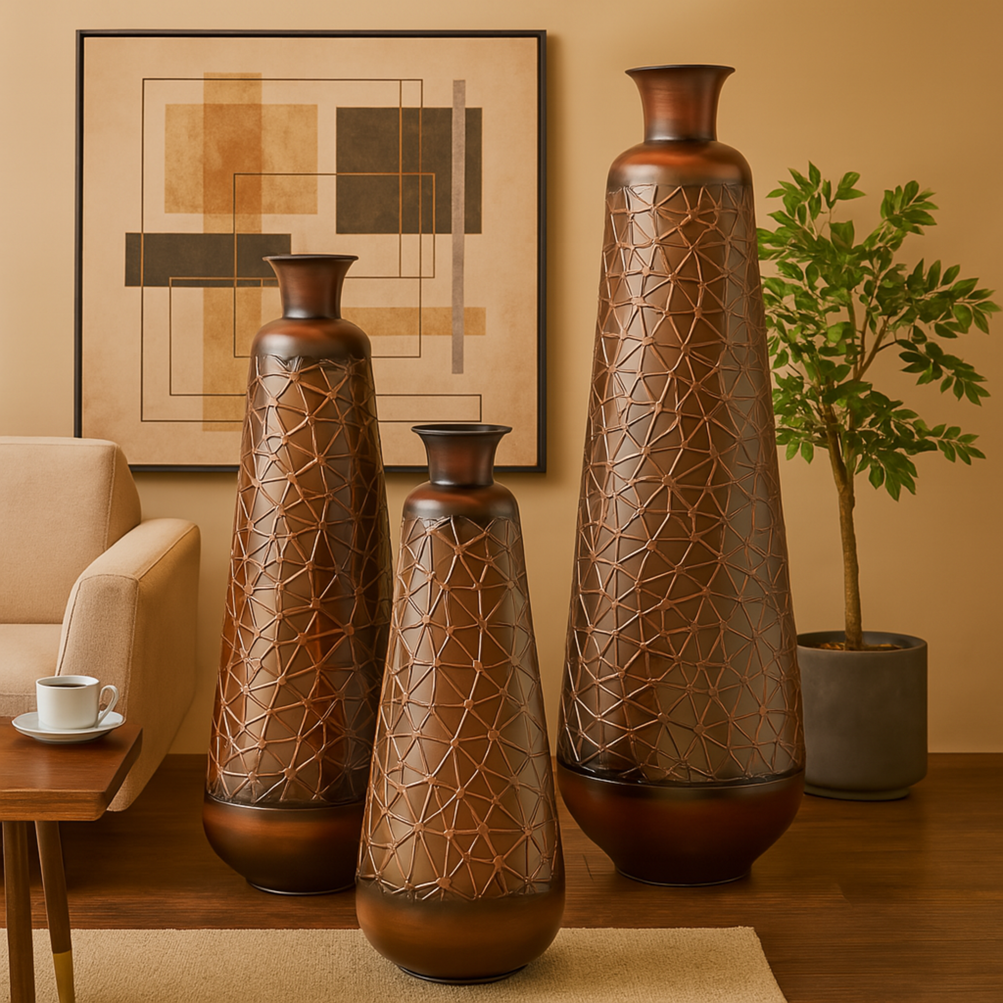 Set of 3 Metal Tall Tapered Floor Decorative Vase with Brown Trumpet Tops Set of 3 18", 39", 28"H
