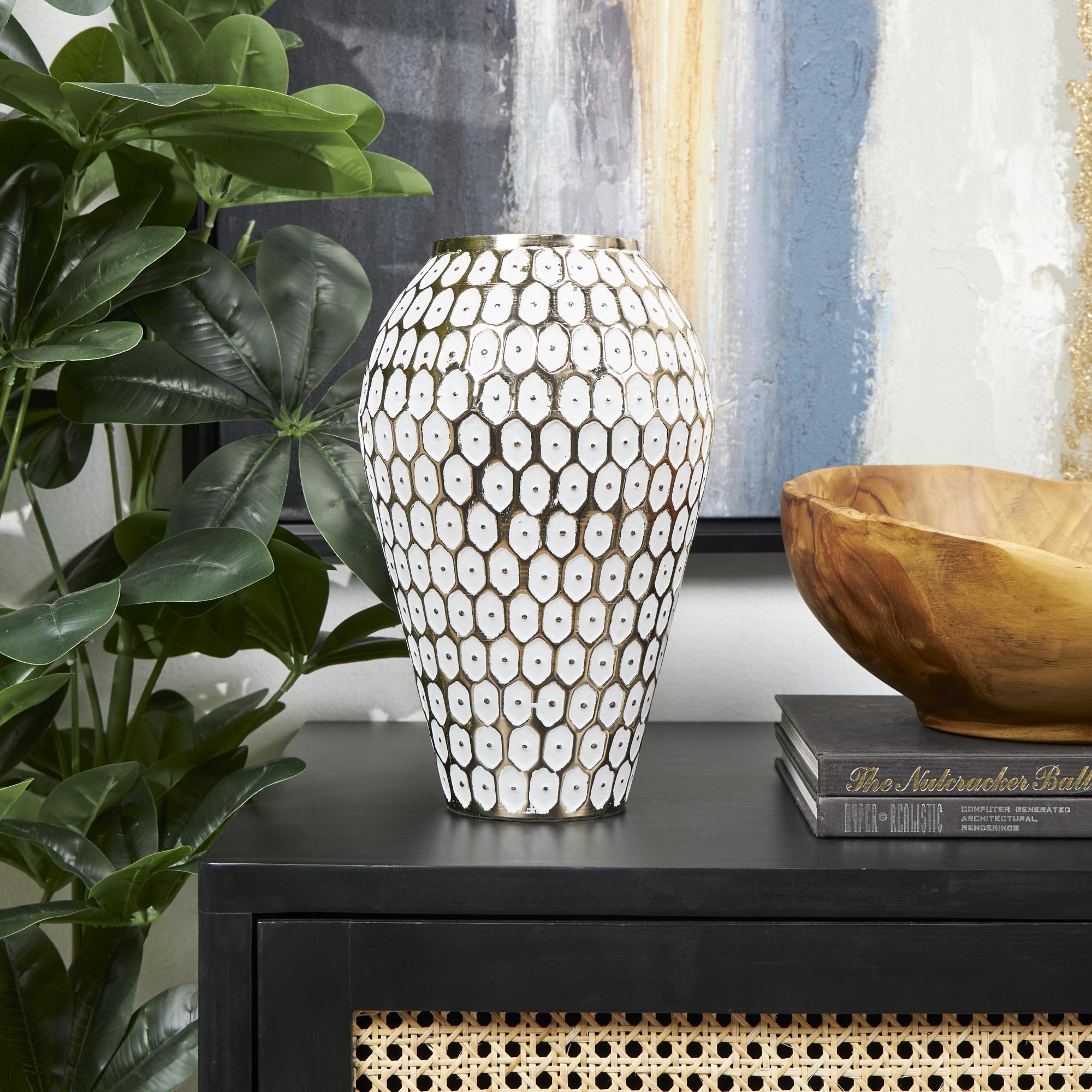 Geometric Gold Metal Geometric Dot Decorative Vase with White Accents