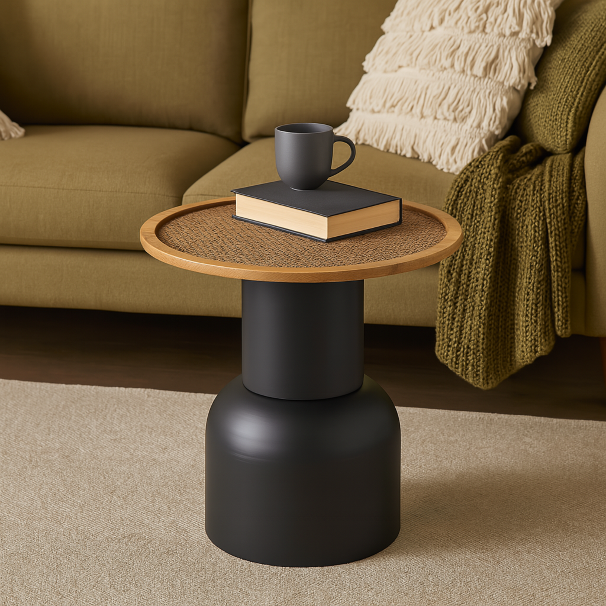 Black Metal Handmade Pedestal Side End Accent Table with Brown Rattan Tabletop