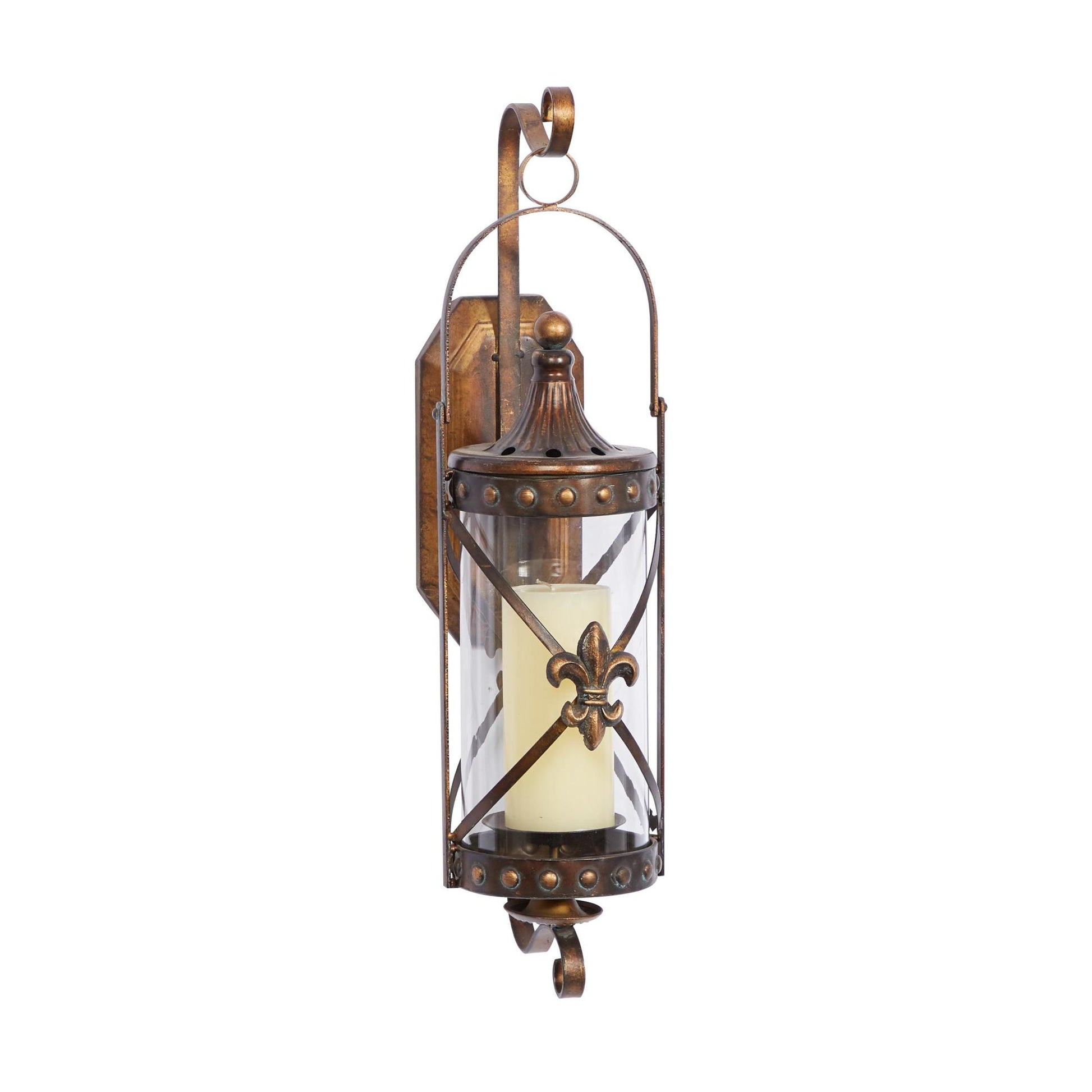 Fleur De Lis Metal Suspended Studded Single Candle Indoor Outdoor Wall Sconce with Scroll Details 7" x 6" x 20"