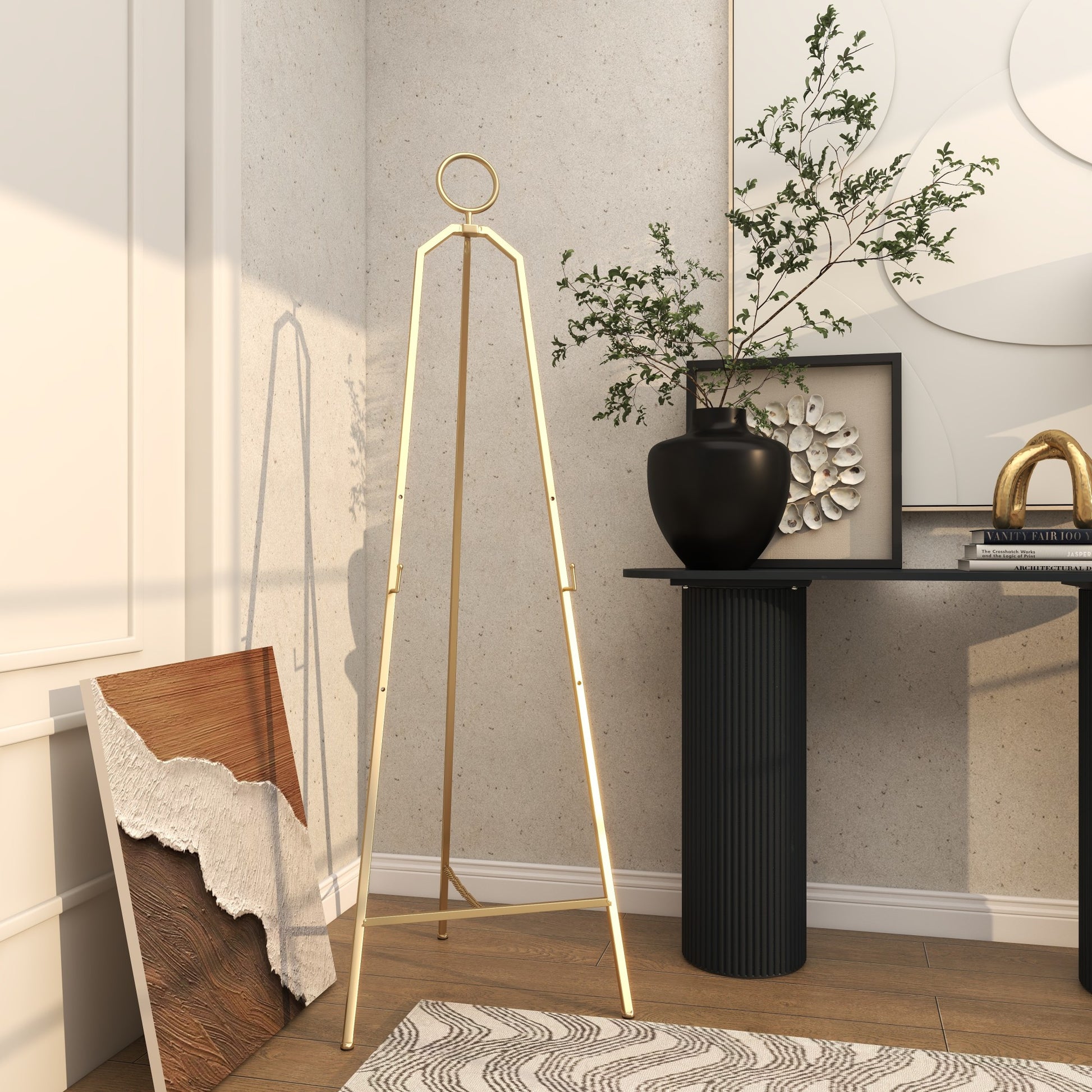 Gold Metal Tall Adjustable 3 Tier Display Easel with Circular Ring Top