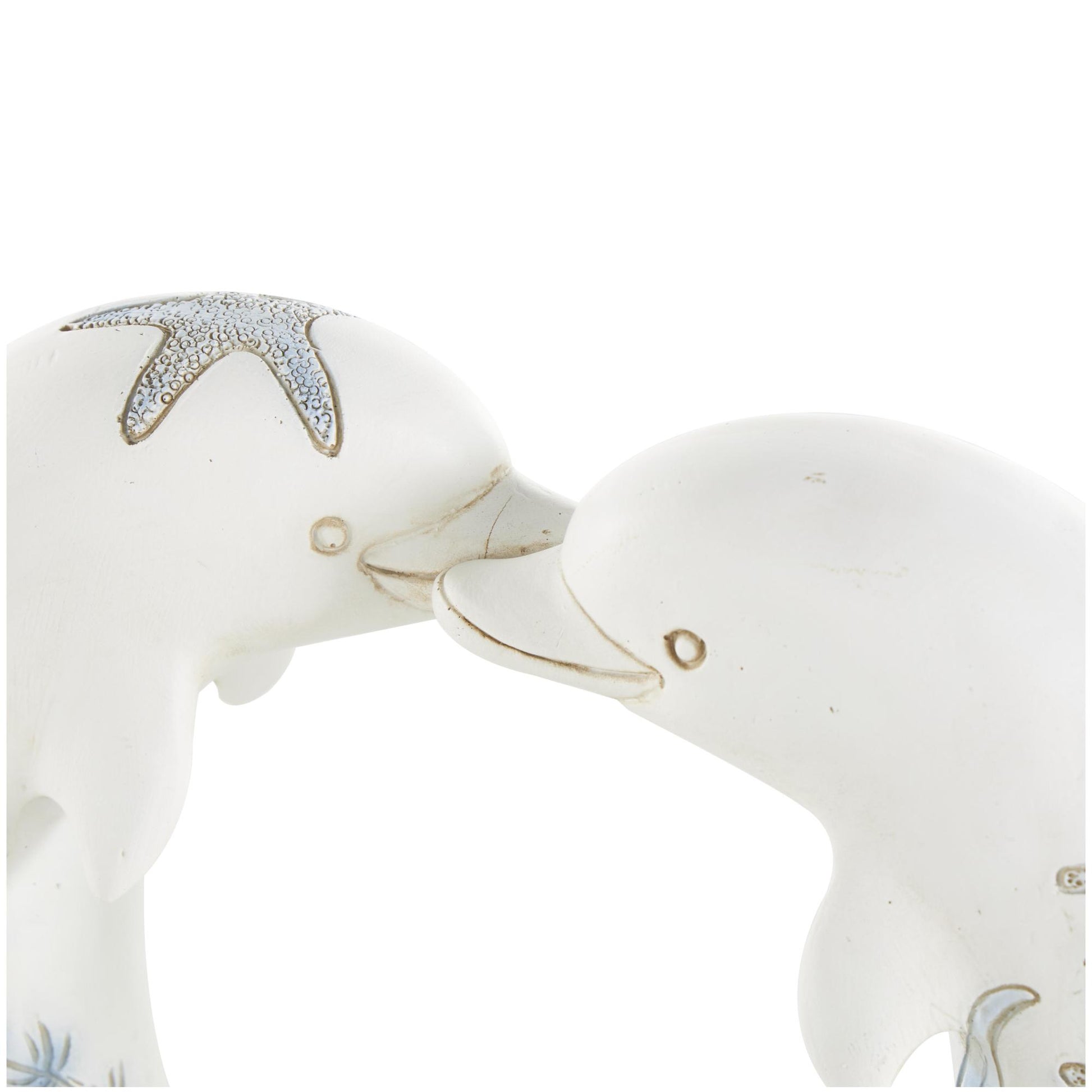 Dolphin White Polystone Heart Shaped Decorative Sculpture with Blue Coral Patterns