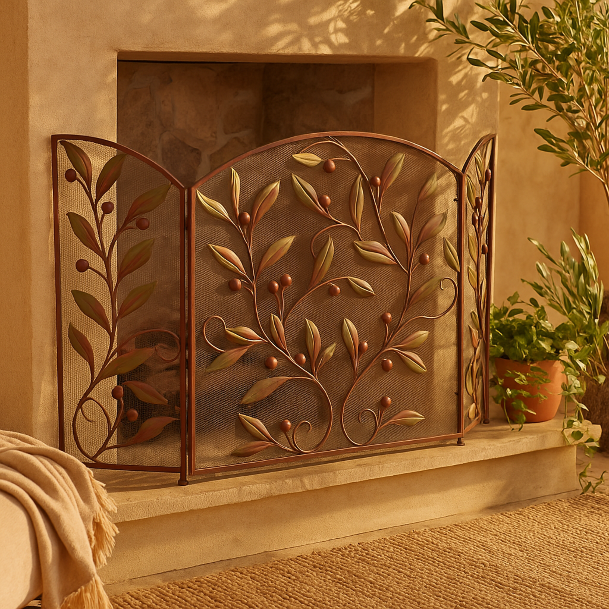 Scroll Metal Foldable 3 Panel Living Room Fireplace Screen with Leaf and Vine Relief 45" x 1" x 30"