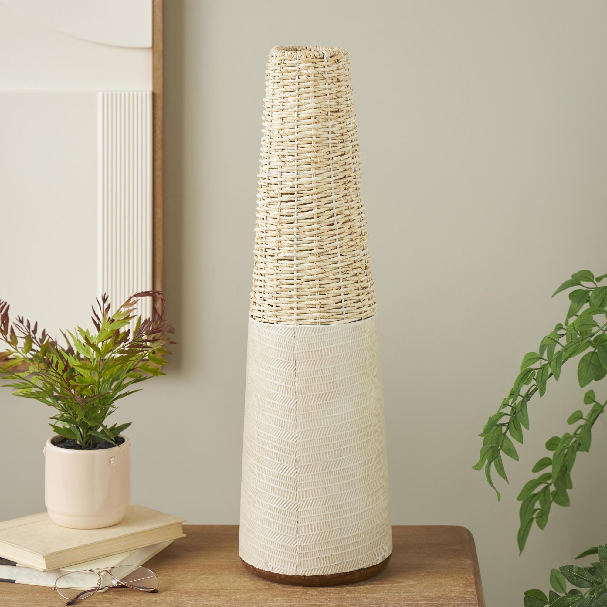 Geometric Light Brown Rattan Handmade Woven Decorative Vase with Beige Metal Base