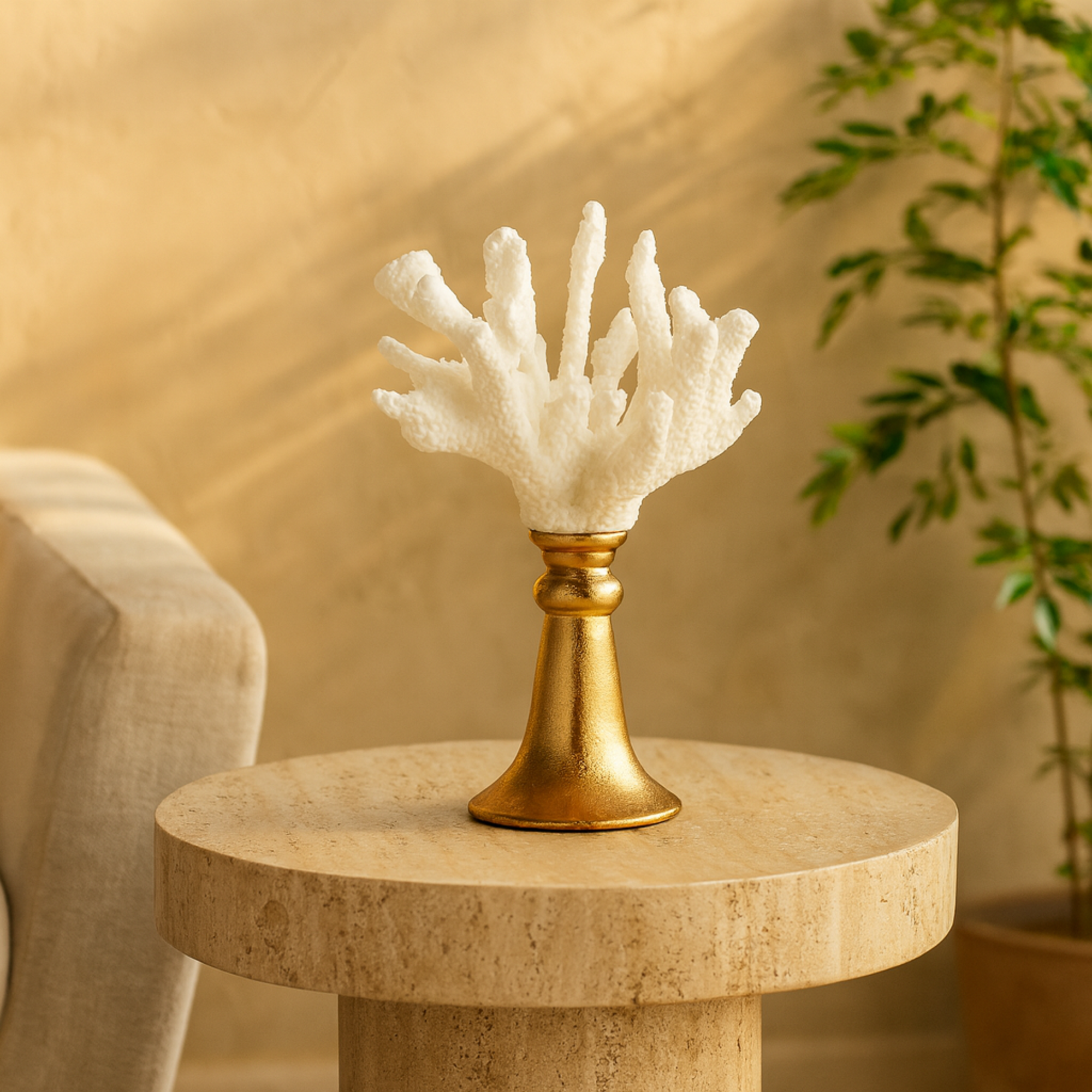 Coral White Resin Textured Decorative Sculpture with Round Copper Base
