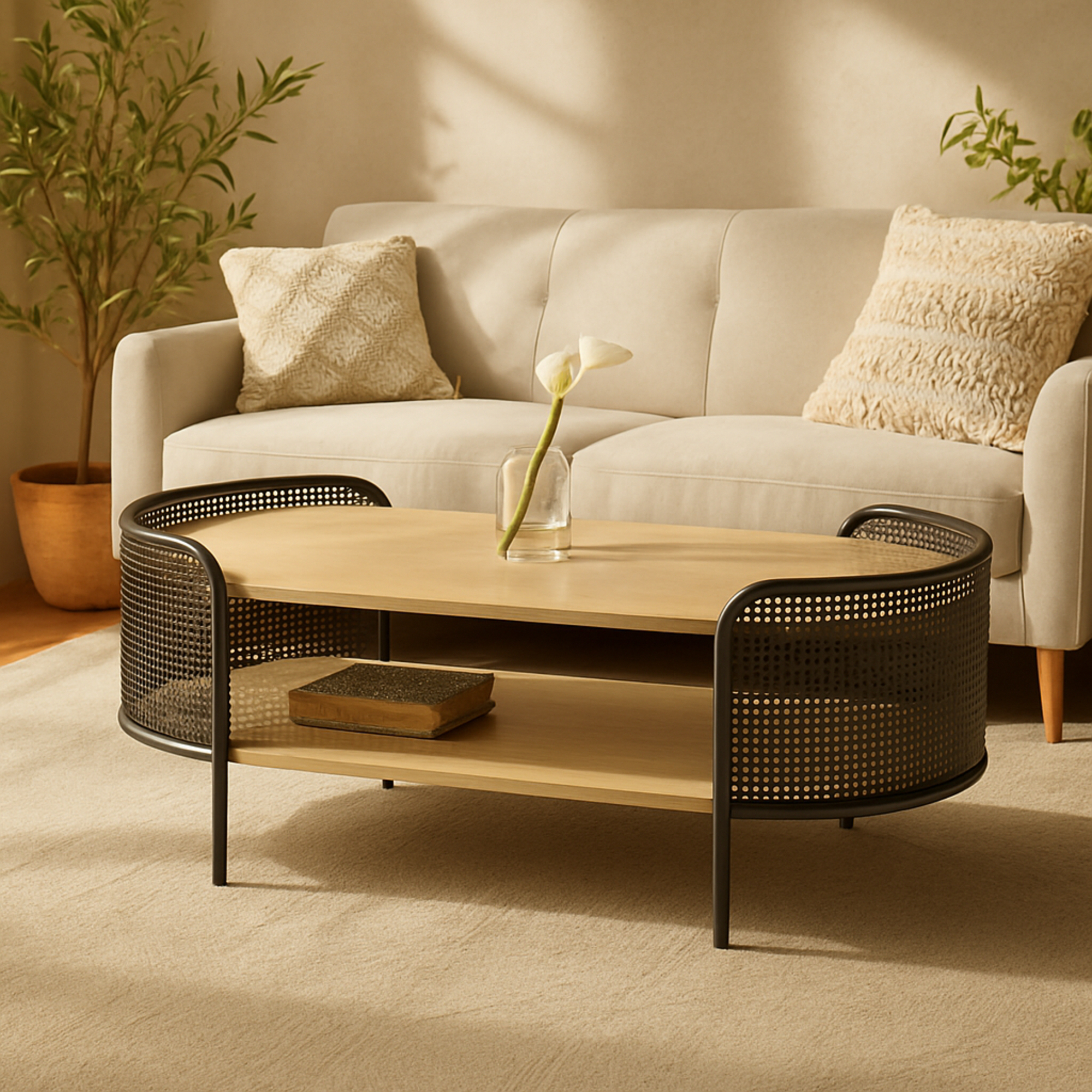 Light Brown Wooden Oval Two-Toned Living Room Coffee Table with Mesh Side Panels and Brown Wood Tabletop