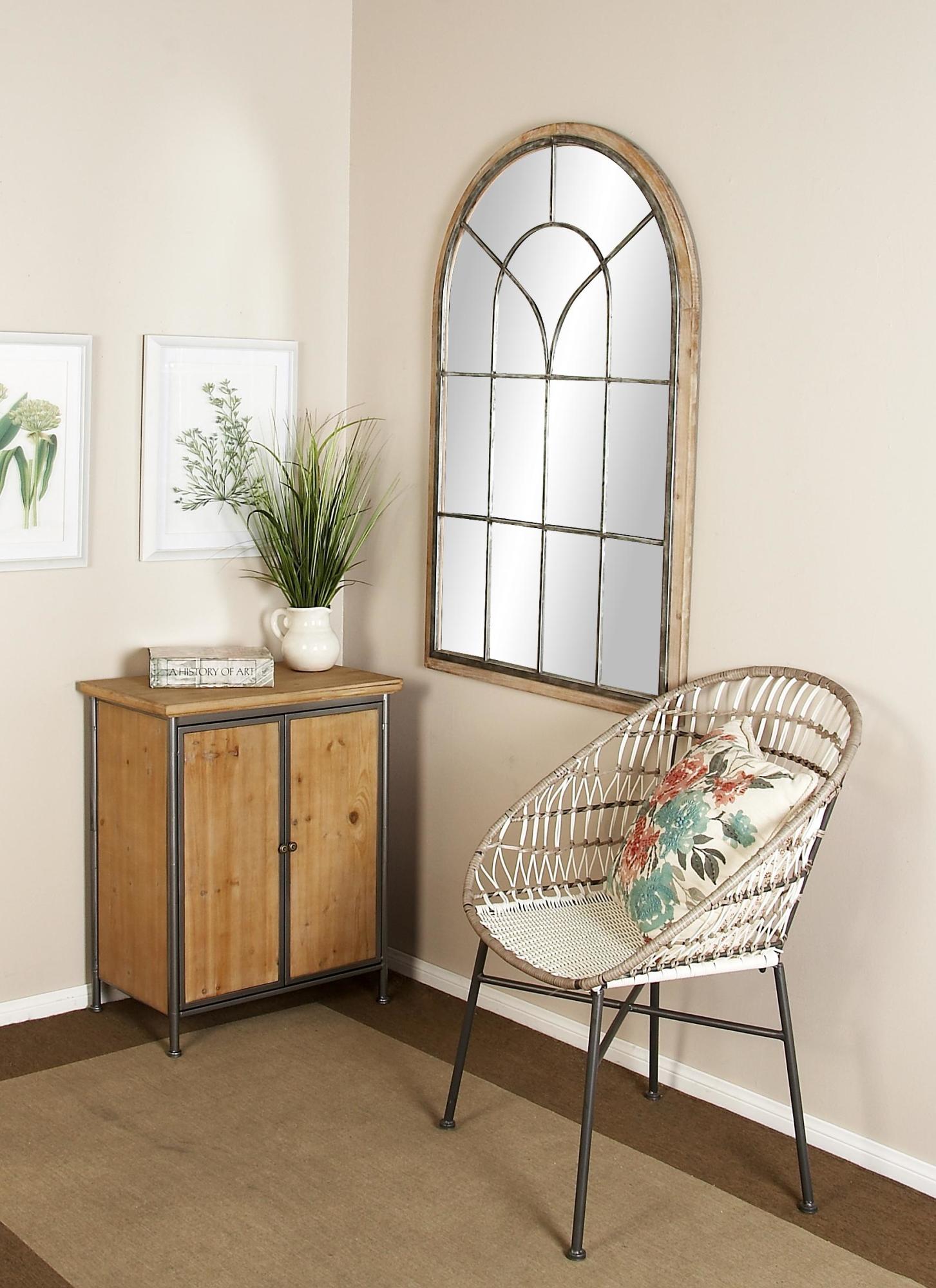 Brown Wooden Window Pane Inspired Room Wall Mirror with Arched Top