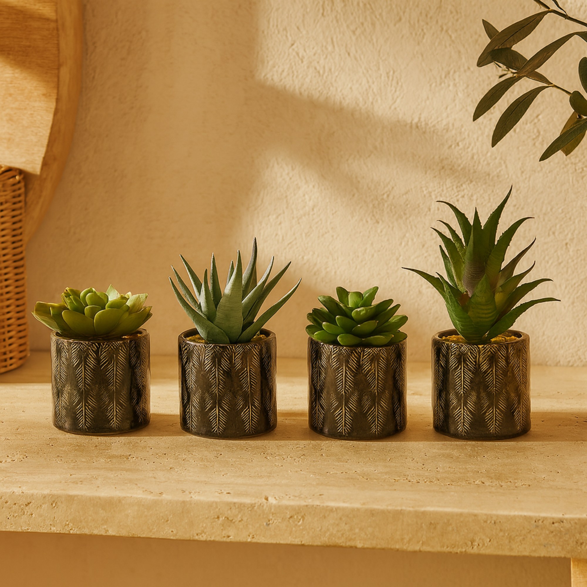 Set of 4 Succulent Green Faux Foliage Indoor Outdoor Artificial Plant with Realistic Leaves and Patterned Pot