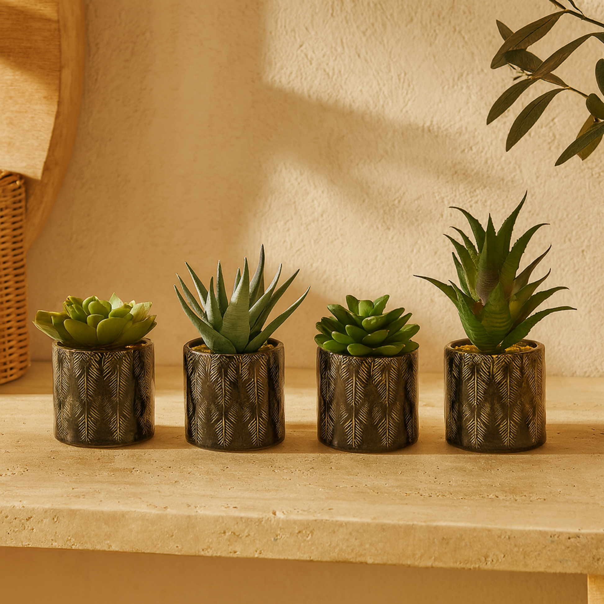 Set of 4 Succulent Green Faux Foliage Indoor Outdoor Artificial Plant with Realistic Leaves and Patterned Pot