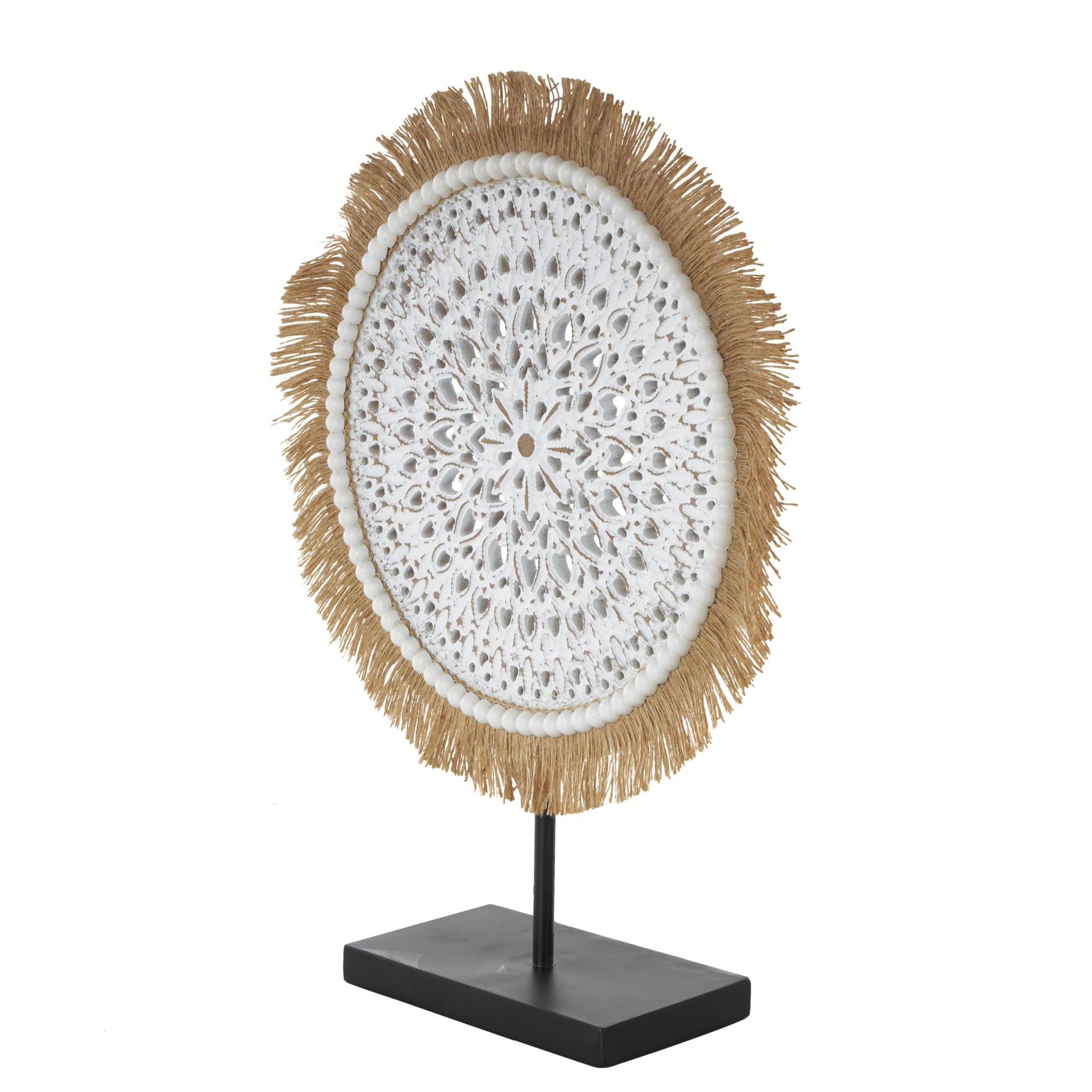 Tribal Wooden Handmade Seagrass Fringed Decorative Sculpture with Black Base