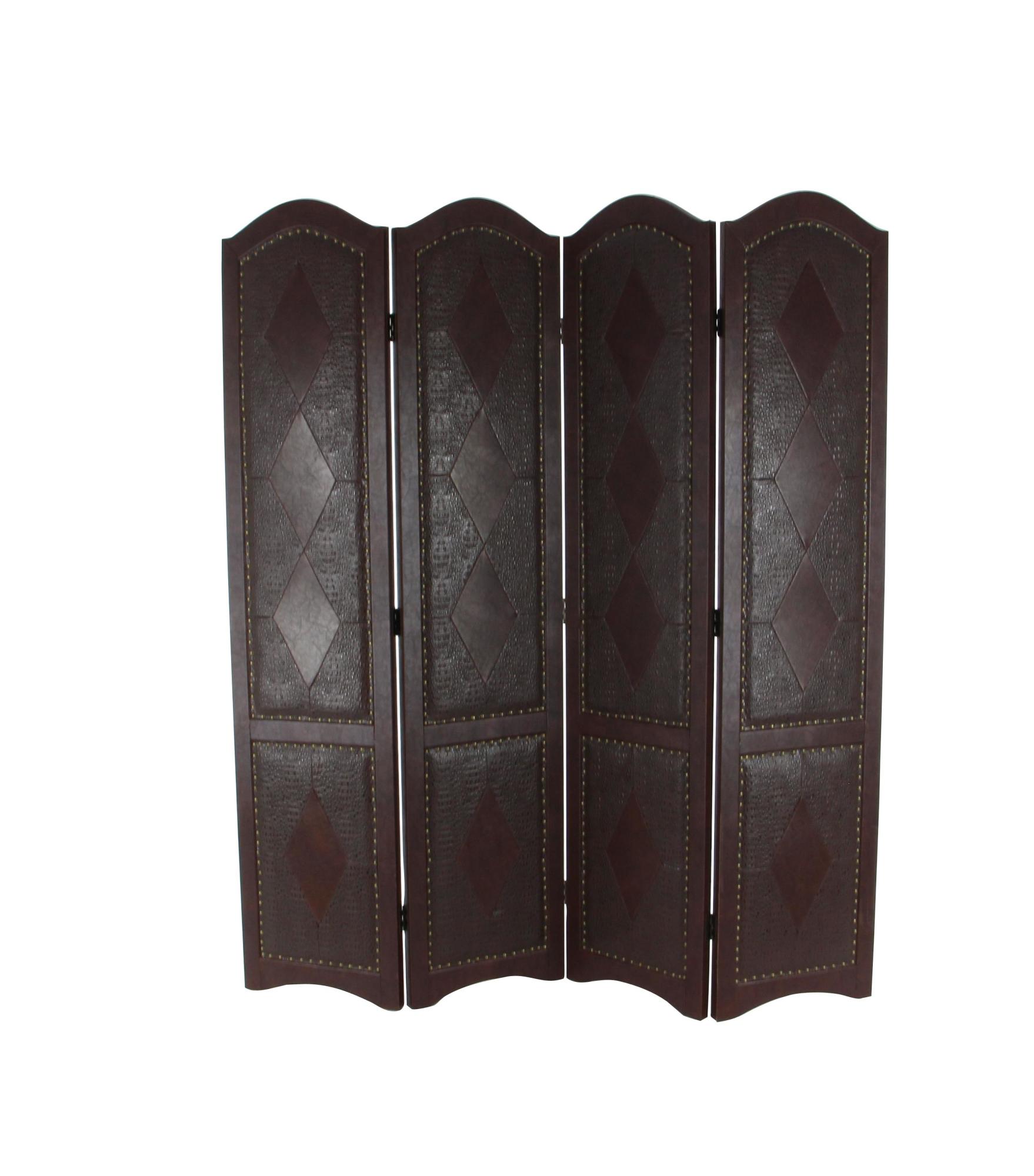 Scroll Brown Faux Leather Foldable Partition 4 Panel Partition Room Divider Screen with Faux Leather Detailing