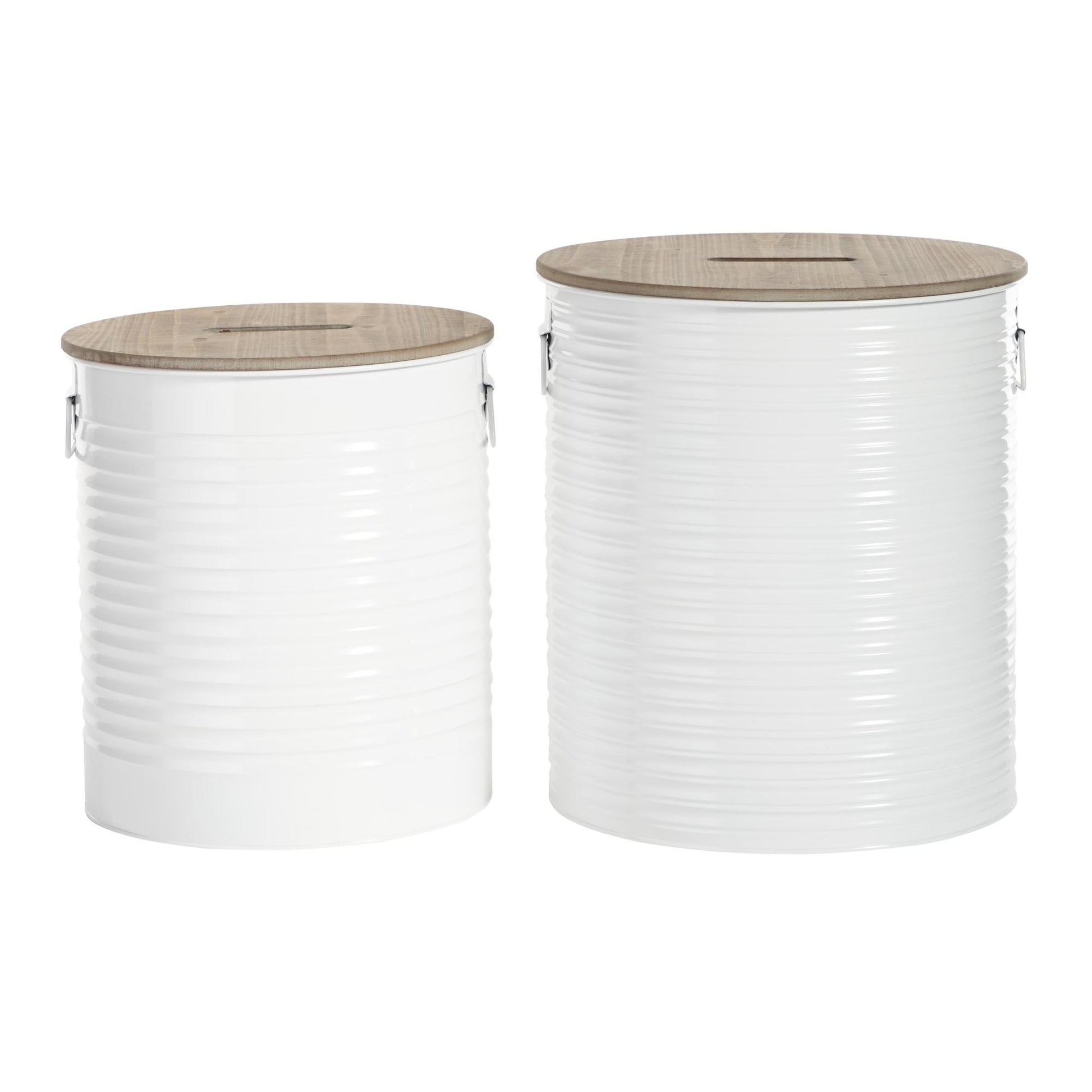 Set of 2 White Metal Room Storage Stool with Brown Wood Top