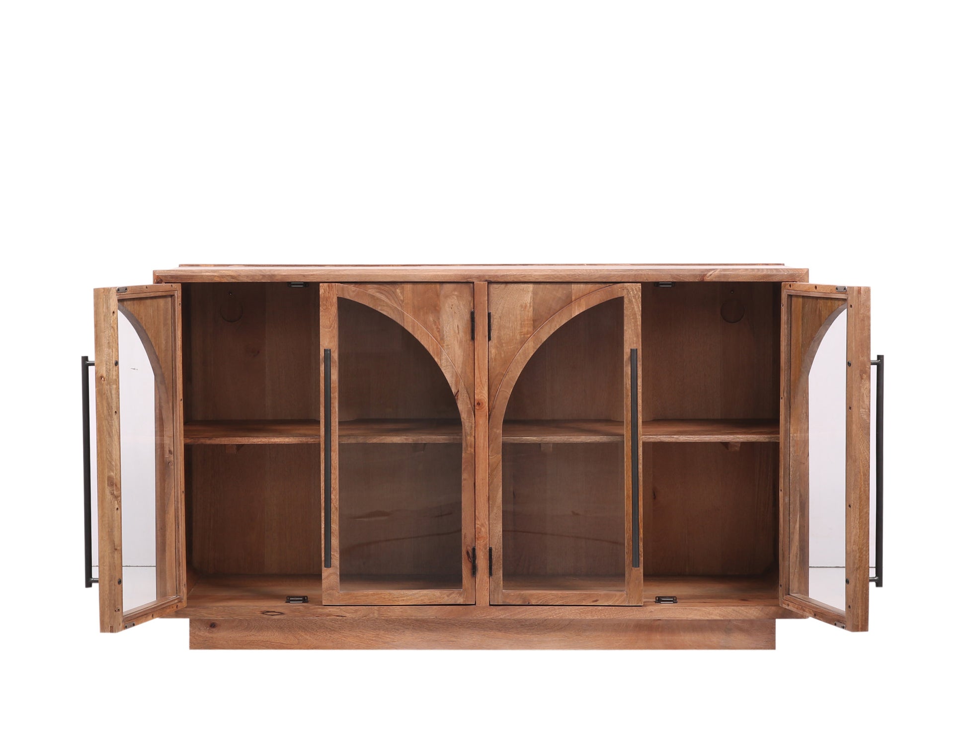 Brown Mango Wood Arched Glass Front 4 Door and 2 Shelf Media Credenza Sideboard with Extended Black Rod Handles
