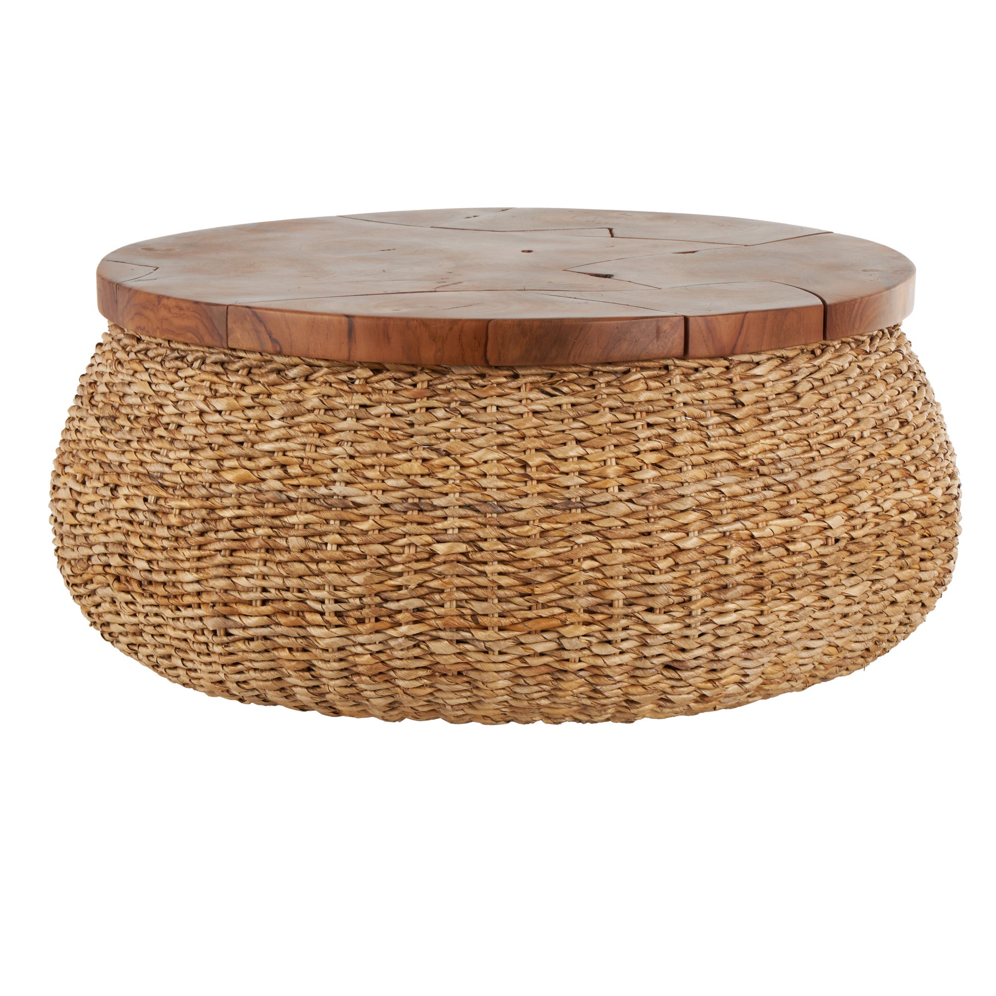 Brown Rattan Wrapped Living Room Coffee Table with Teak Tabletop