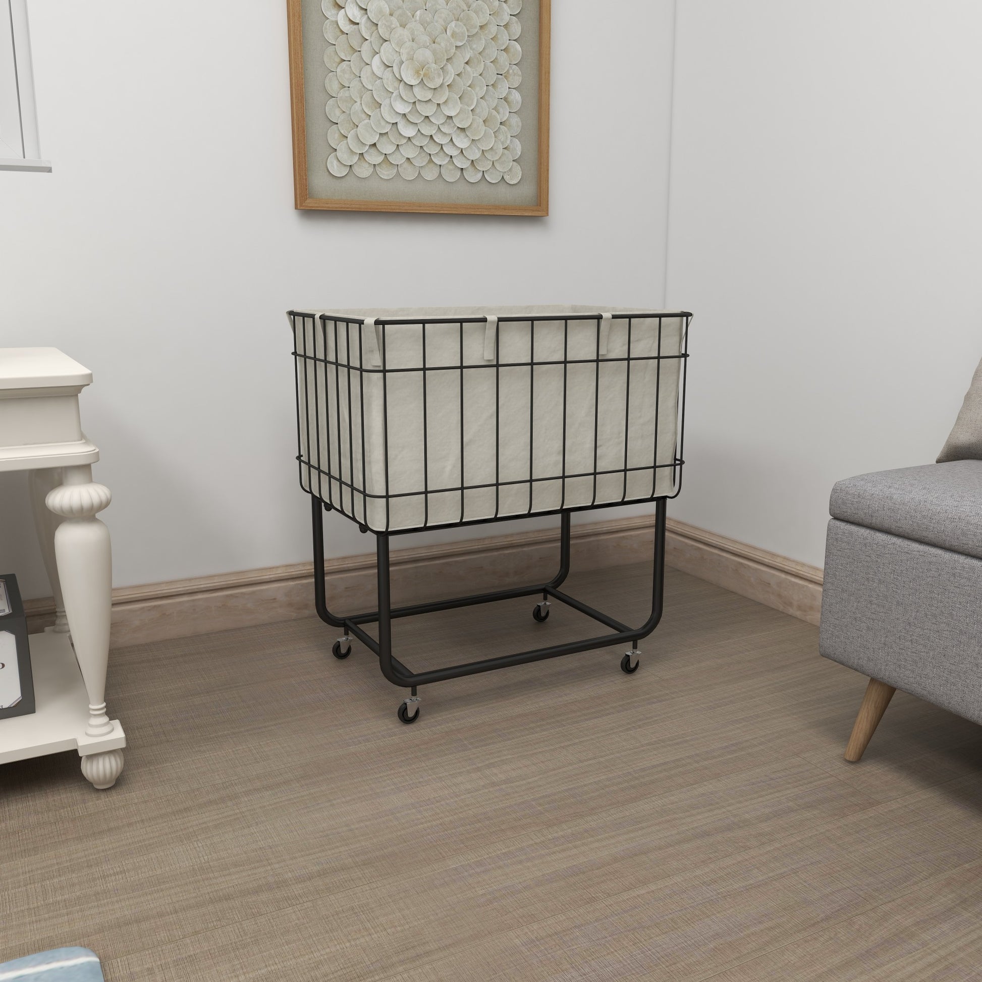 Black Metal Deep Set Wire Basket Mobile Storage Cart with Wheels and Fabric Lining